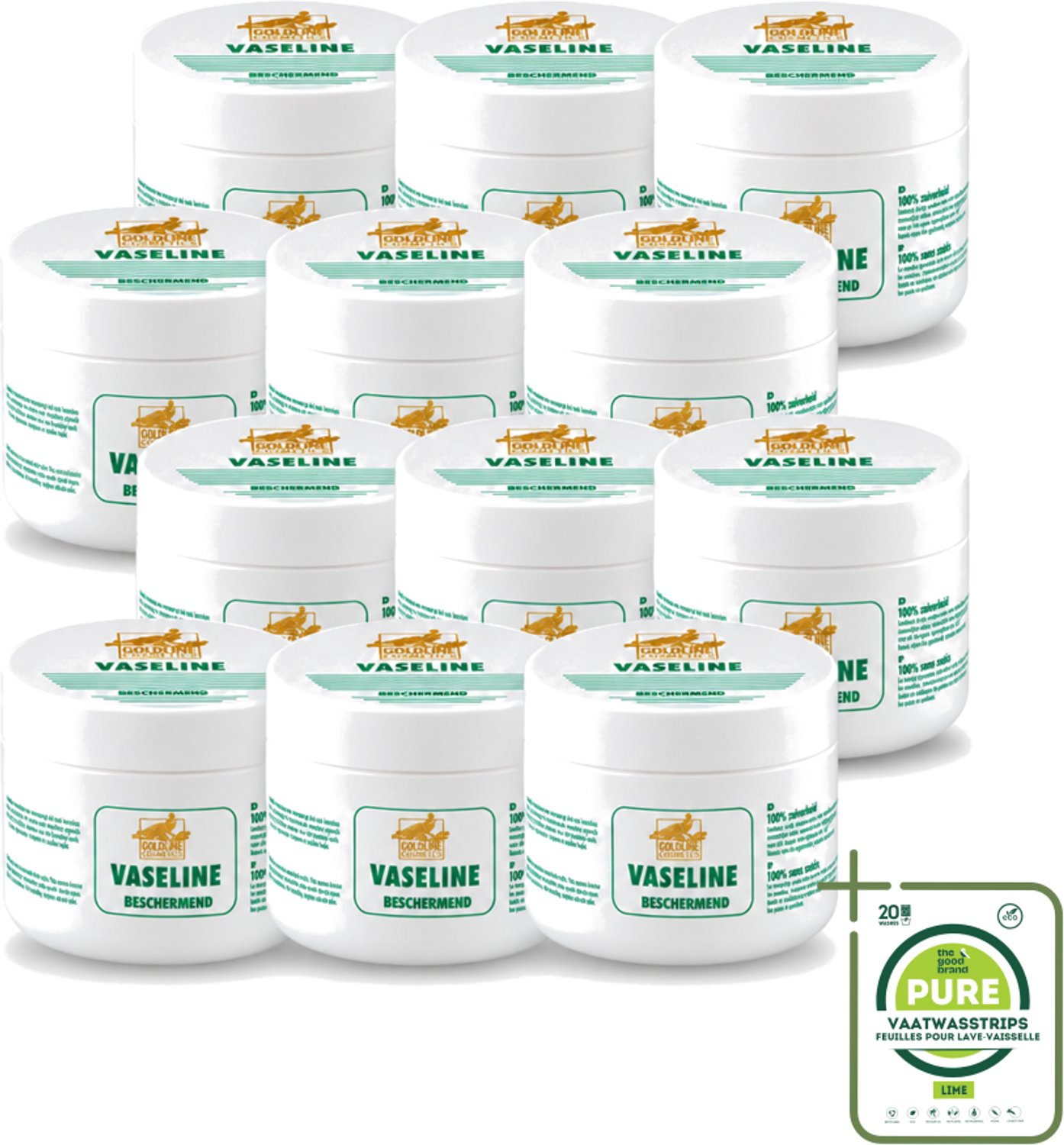 12 x Goldline - Vaseline - Huidverzorging - Beschermend & Hydraterend - 250 ml - Grootverpakking - Vaatwasstrips - Bodycrème - Hydratatie - Bescherming - Huidverzorging - Vocht Vasthouden