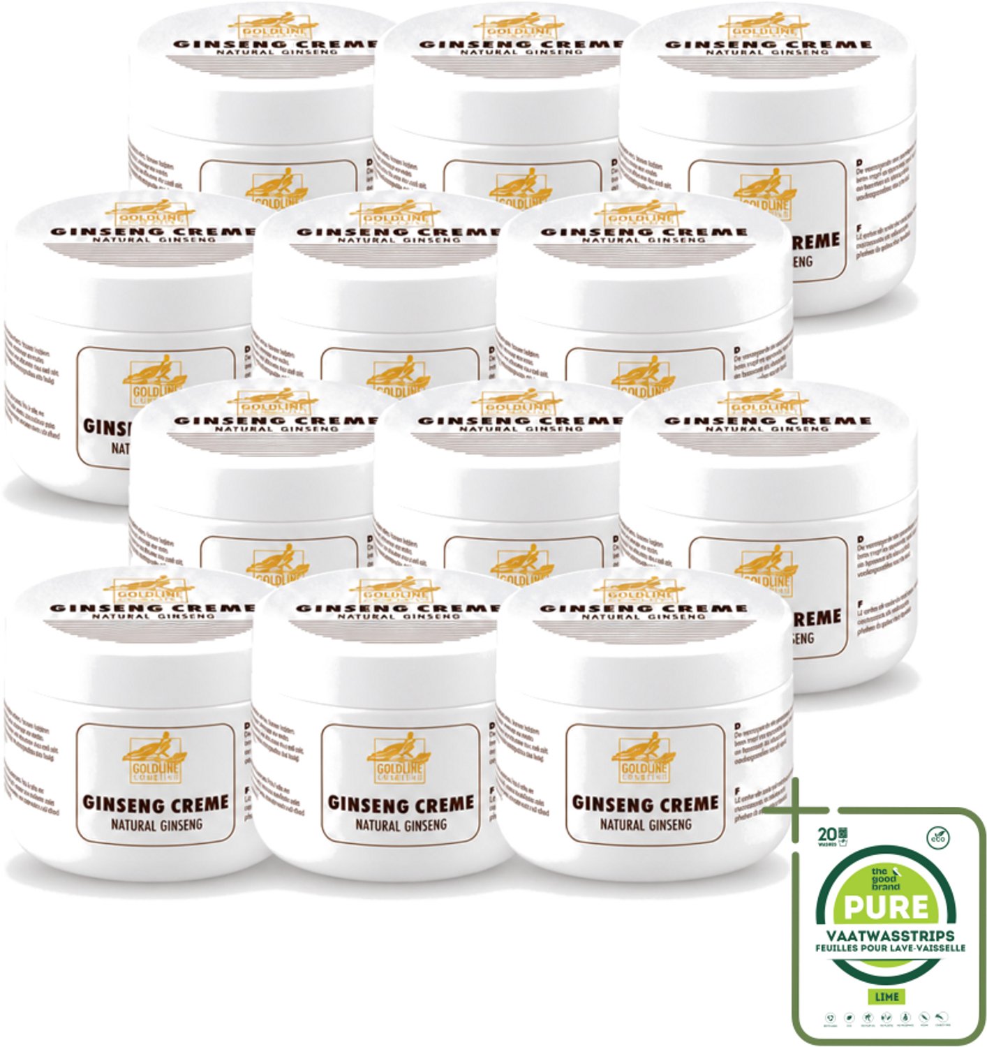12 x Goldline - Bodycrème - Natural Ginseng - Verzorgend & Versterkend - 250 ml - Grootverpakking - Vaatwasstrips - Ginseng Crème - Huid Verzorging - Huid Versterken - Natuurlijke Crème - Hydratatie