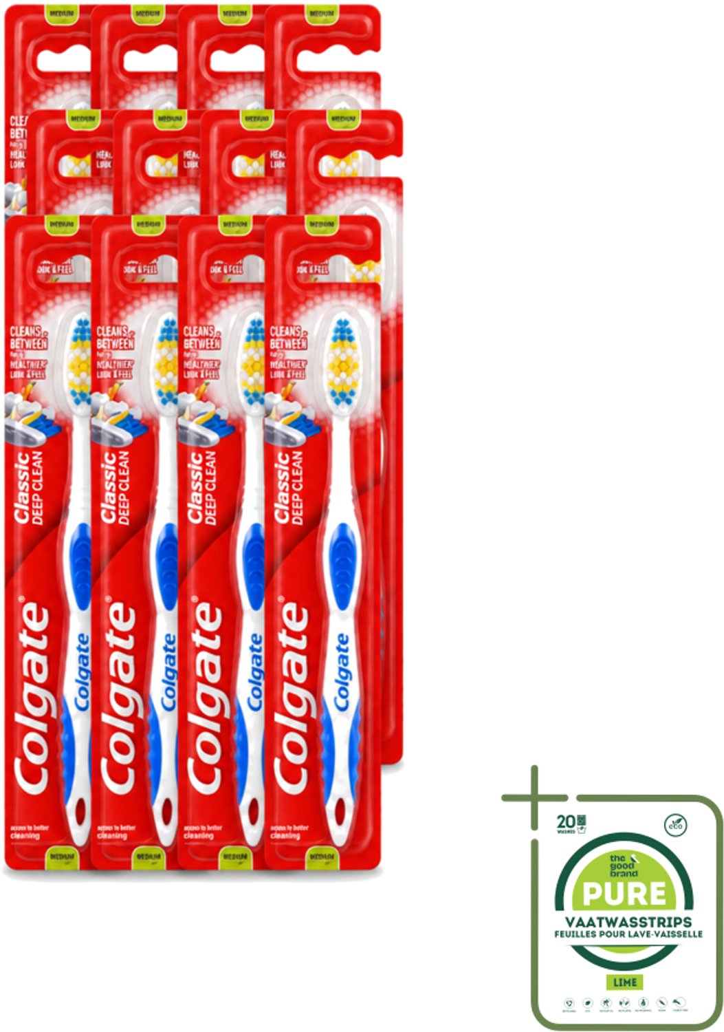 12 x Colgate - Tandenborstel - Classic Deep Clean Medium - 1 Tandenborstel - Grootverpakking - Vaatwasstrips - Tandenborstel - Mondhygiëne - Tanden Poetsen - Tandplak Verwijderen - Gezonde Mond