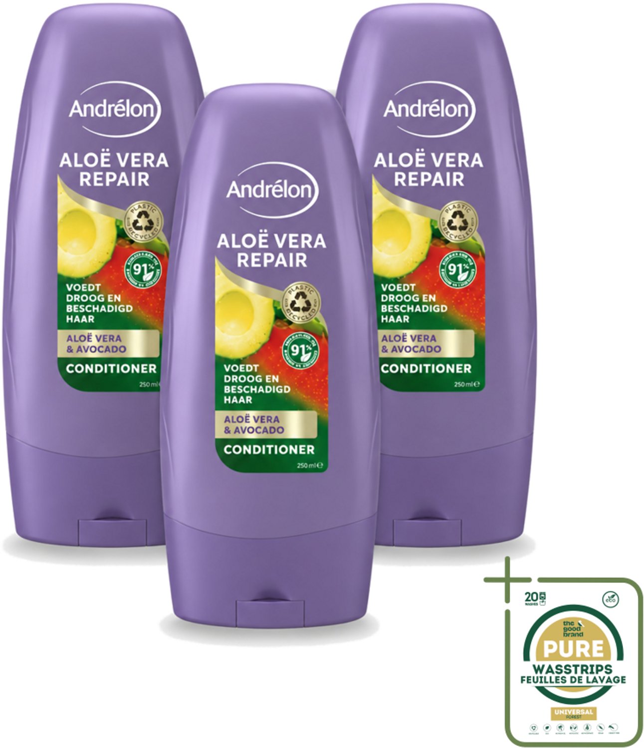 3 x Andrélon - Aloe Vera Repair - Conditioner - Verzachtend & Herstellend - 250 ml - Wasstrips - Haarkleur - Haarverzorging - Haarherstel - Haarhydratatie - Droog Haar