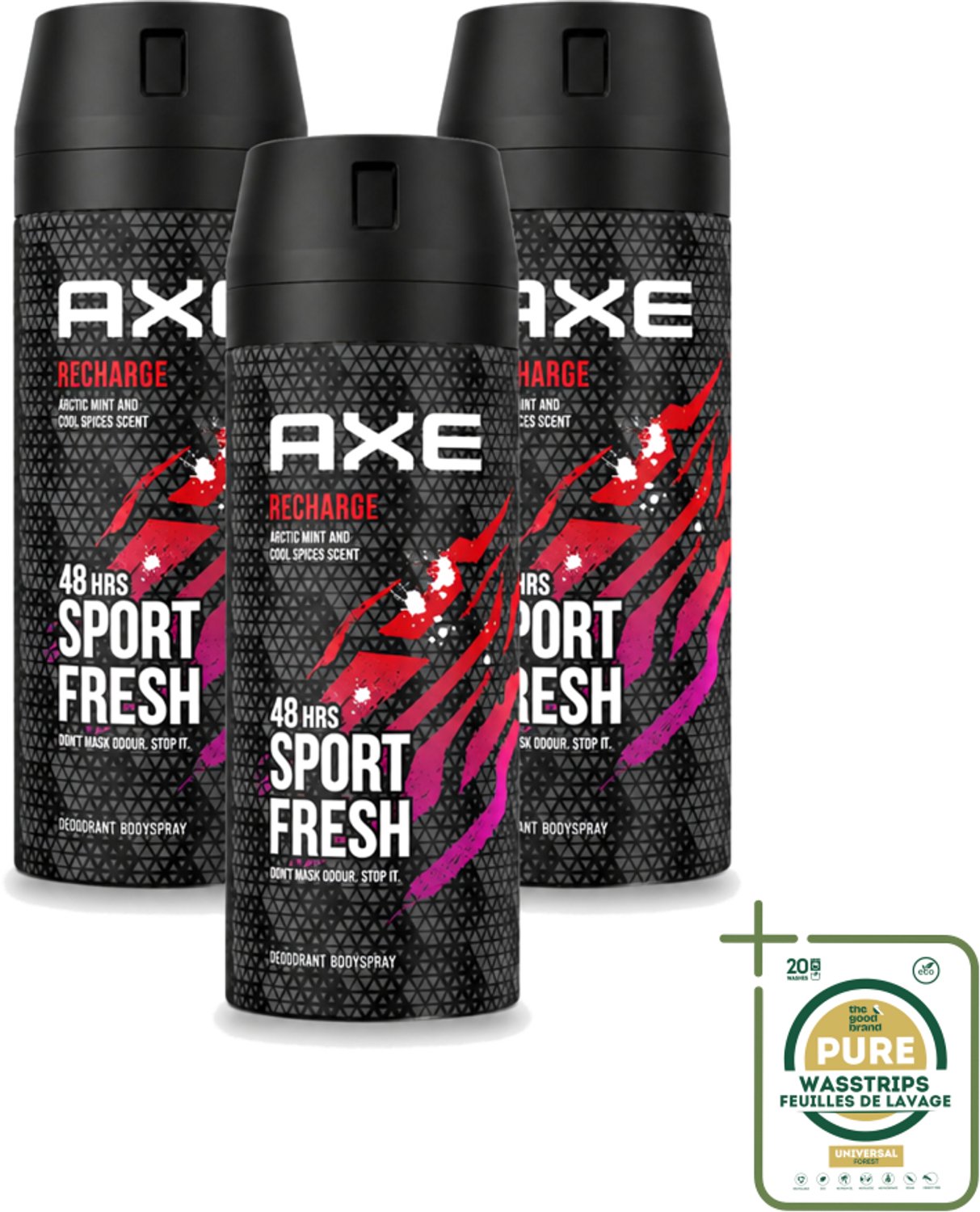 3 x Axe - Deodorant Bodyspray - 48hrs Sport Fresh - Recharge - Arctic Mint & Cool Spices - 150 ml - Wasstrips - Axe Deodorant - Sport Fresh - Deodorant Bodyspray - Axe Recharge - Axe Ice Chill
