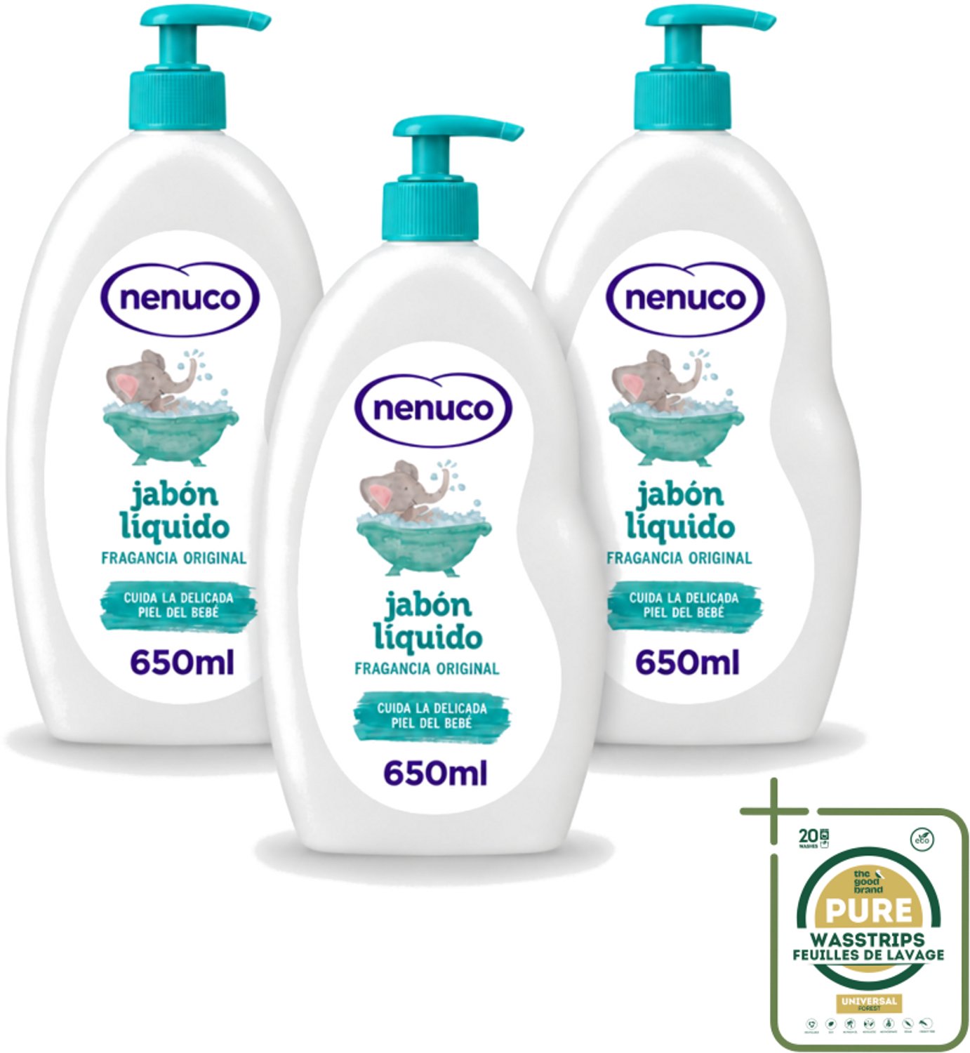 3 x Nenuco - Jabon Líquido - Vloeibare Zeep - Originele Geur - Met Doseerpomp - 650 ml - Wasstrips - Vloeibare Zeep - Handzeep - Douchegel - Badzeep - Baby Zeep