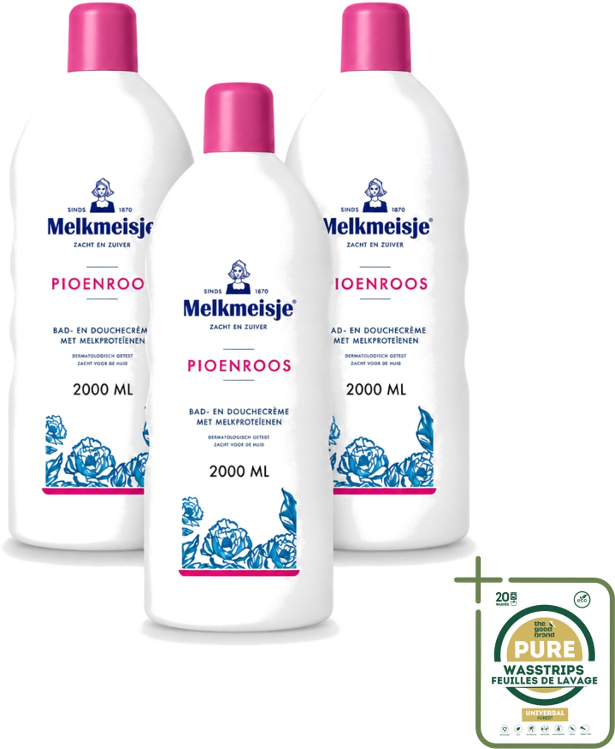 3 x Melkmeisje - Bad & Douche - Pioenroos Geur - Verzorgend & Hydraterend - 2000 ml - Wasstrips - Douchecrème - Melkproteïnen - Katoen - Huidverzorging - Pioenroos