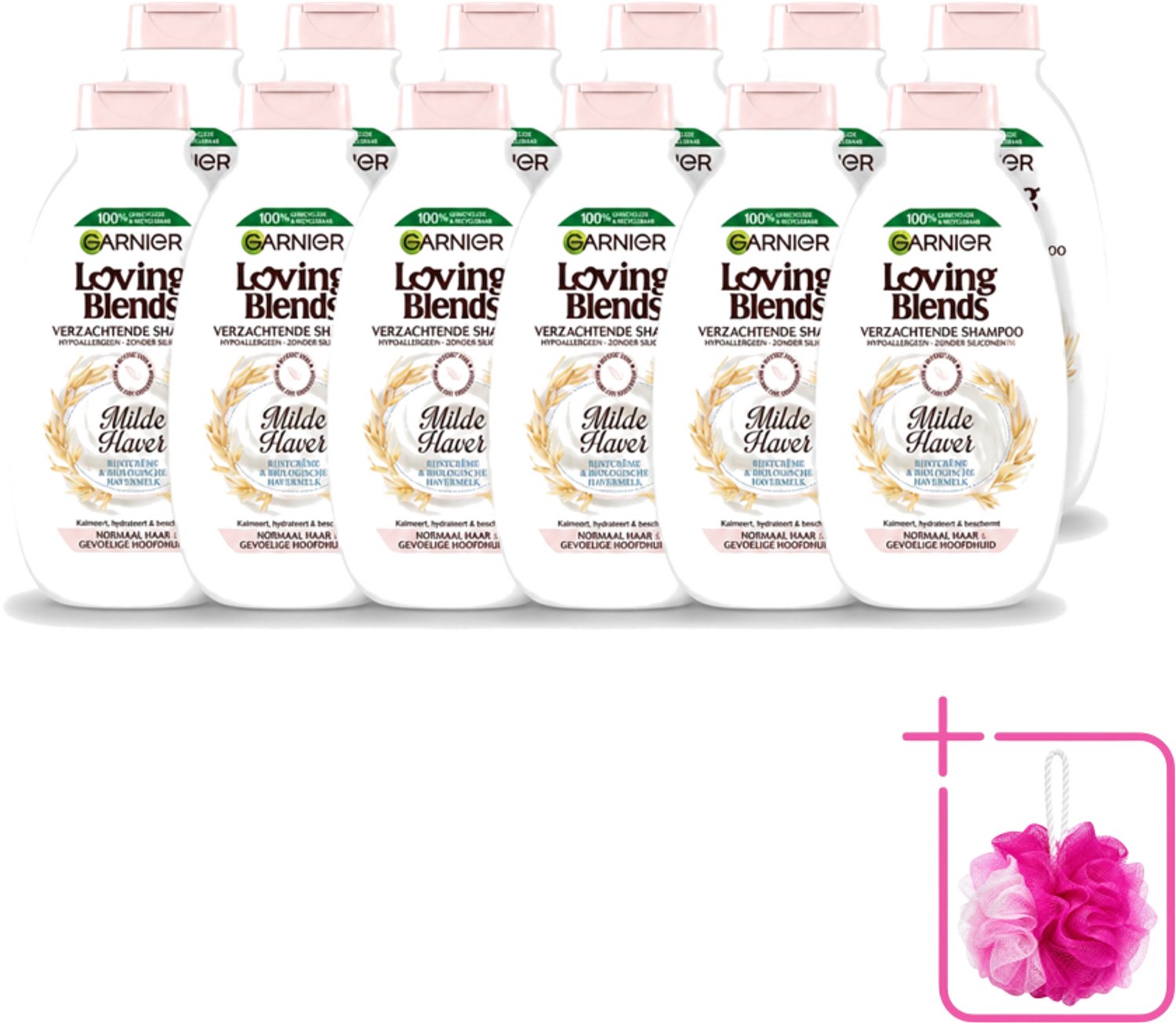 12 x Garnier - Loving Blends - Shampoo - Milde Haver - Normaal Haar & Gevoelige Hoofdhuid - 300 ml - Bulkverpakking - Milde haver shampoo - Douchemop - Hypoallergene shampoo