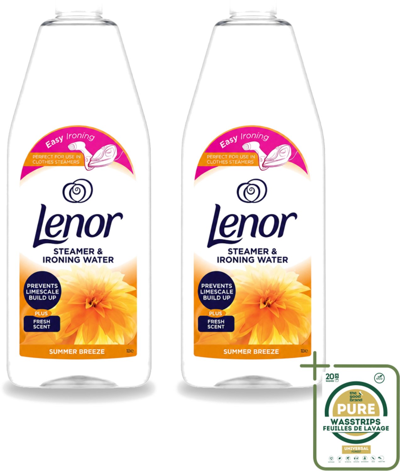 2 x Lenor - Strijkwater - Summer Breeze - Textielverfrisser - 1000 ml - Wasstrips - Strijkwater Summer Breeze - Textielverfrisser - Zomerse Geur - Frisheid - Kledingverfrisser