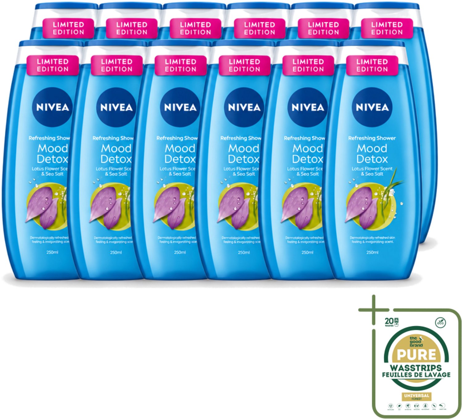 12 x Nivea – Douchegel – Creme Mood Detox – 250 ml - Wasstrips - Douchegel - Ontspanning - Zeezout - Huidverzorging - Mild Reinigen