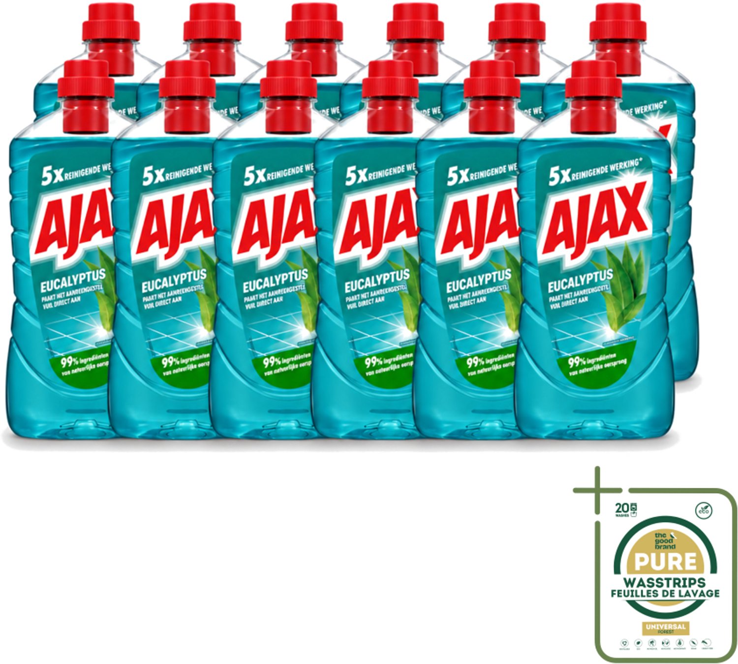 12 x Ajax – Allesreiniger – Eucalyptus – 1000 ml - Wasstrips - Allesreiniger Eucalyptus - Reiniging - Frisse Geur - Natuurlijke Schoonmaak - Krachtige Reiniging