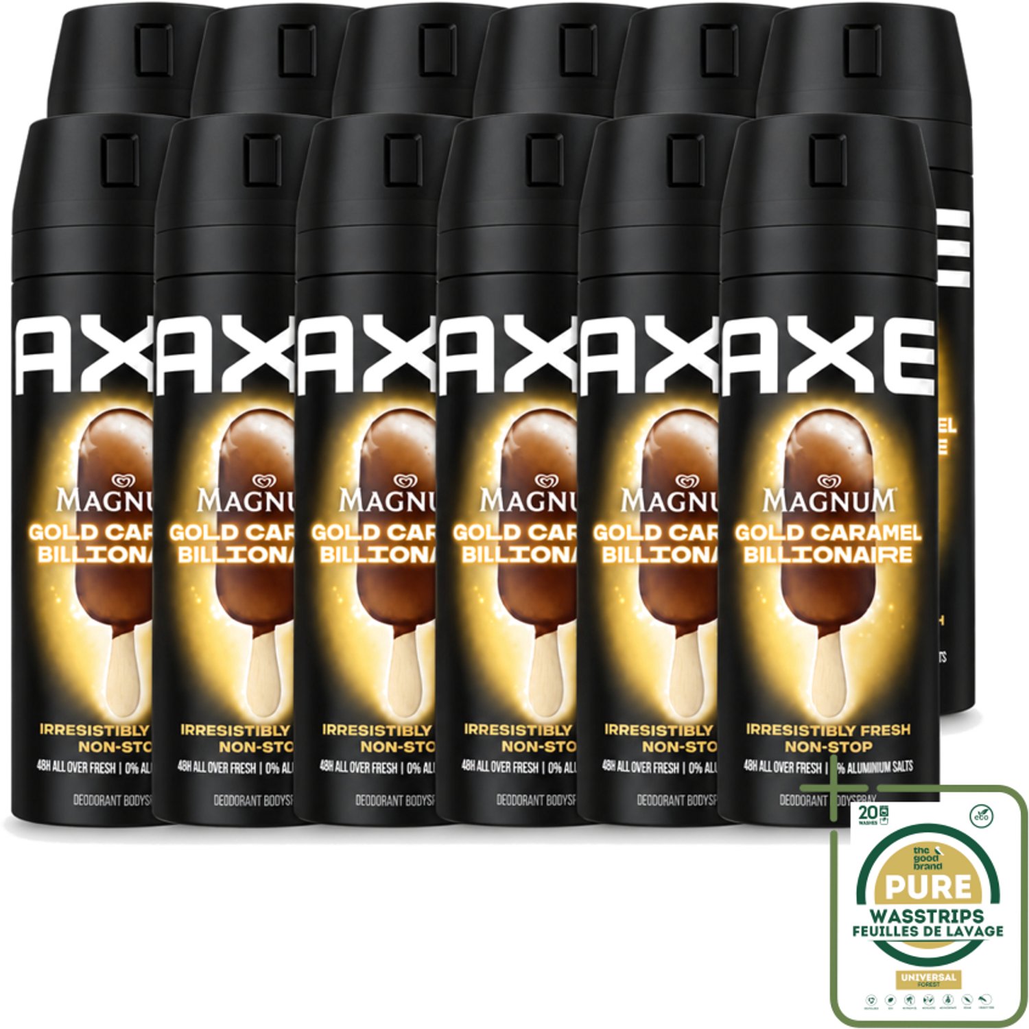 12 x Axe – Deodorant Bodyspray – Magnum Gold Caramel Billionaire – 150 ml - Wasstrips - Axe Deodorant - Deodorant Bodyspray - Luxe Geur - Chocolade Geur - Caramel Geur