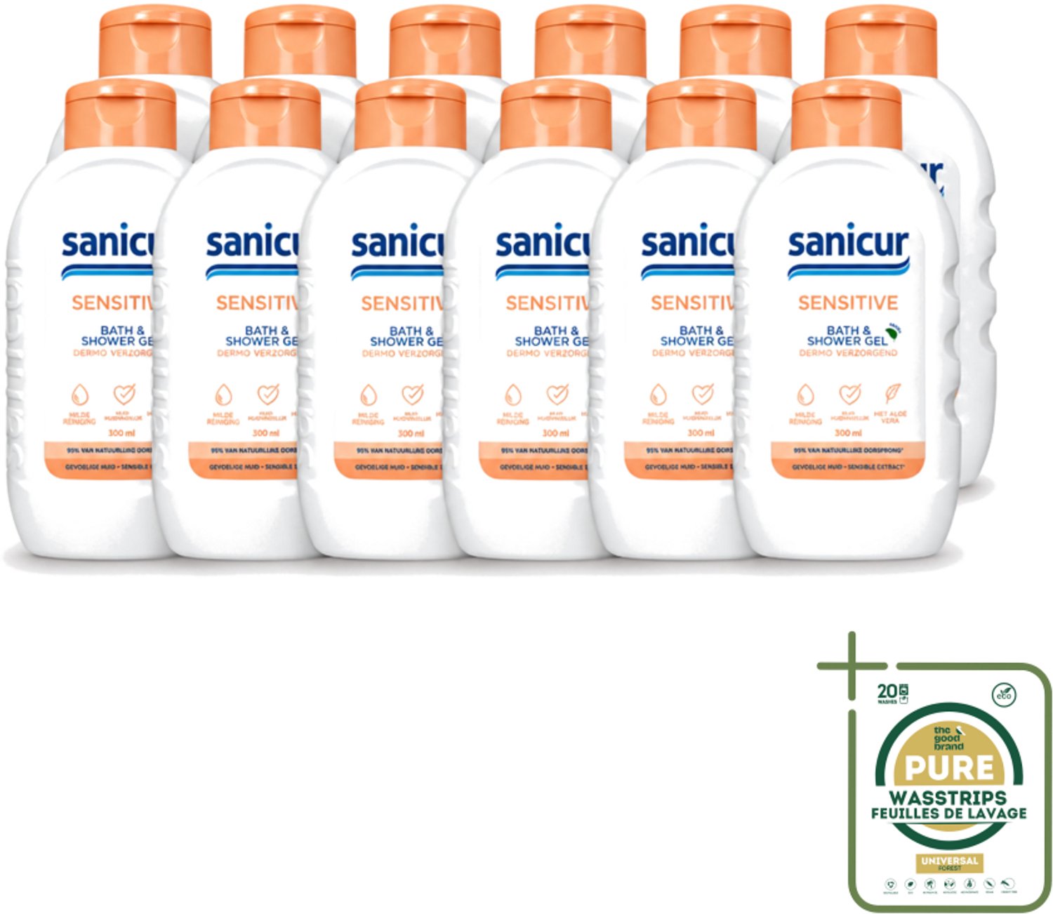 12 x Sanicur – Bad & Douchegel – Sensitive – 300 ml - Wasstrips - Gevoelige Huid - Bad En Douchegel - Milde Reiniging - Droge Huid - Kamille Extract
