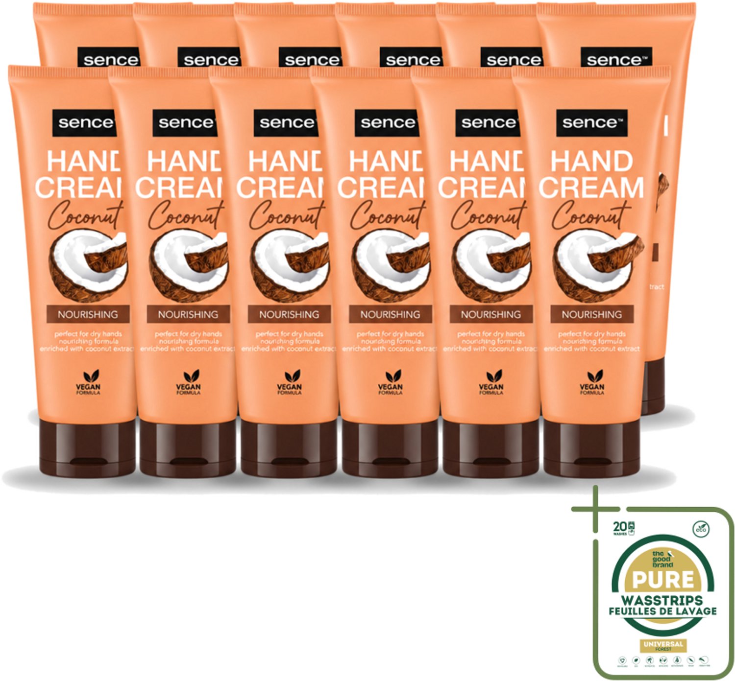 12 x Sence – Handcrème – Coconut Nourishing – 75 ml - Wasstrips - Handcrème - Kokosolie - Droge Handen - Hydratatie - Handverzorging