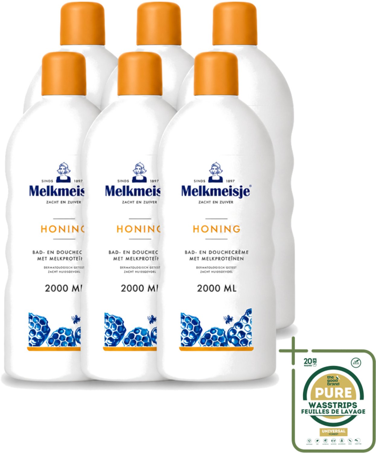 6 x Melkmeisje – Bad & Douche – Honing – 2000 ml - Wasstrips - Melkmeisje Bad En Douche - Honing Crème - Melkproteïnen - Hydratatie - Voeding Huid