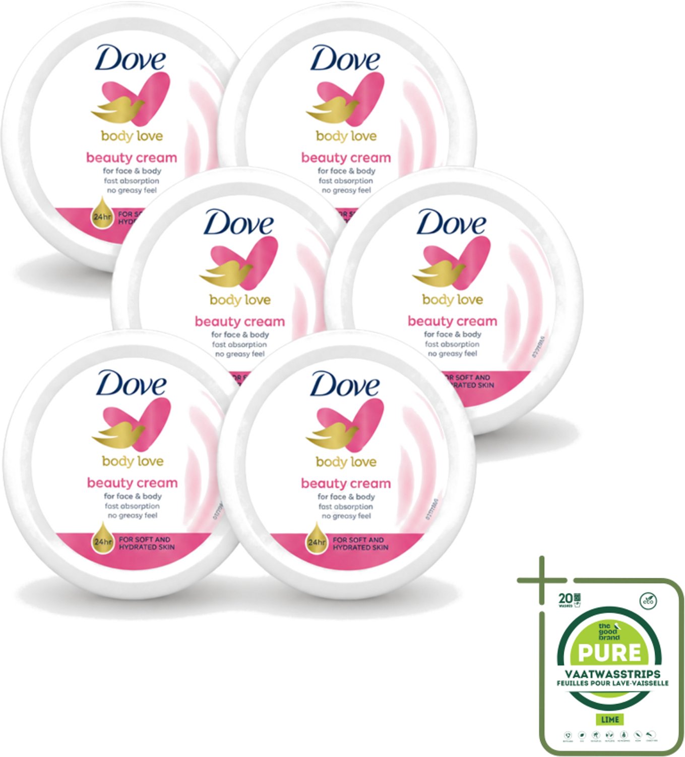 6 x Dove – Bodycrème – Beauty Cream – 75 ml - Grootverpakking - Vaatwasstrips - Beauty Cream - Huid Verzorging - Hydratatie - Huidbarrière - Droge Huid