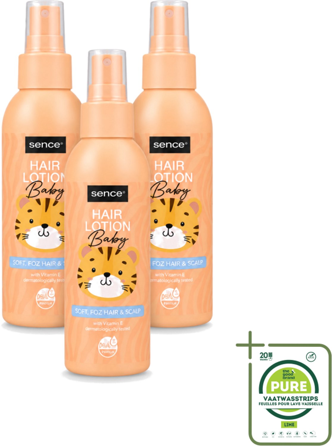 3 x Sence Baby – Haarlotion – Verzorgend – 150 ml - Grootverpakking - Vaatwasstrips - Babyhaar Verzorging - Gevoelige Hoofdhuid - Babyhaar Lotion - Milde Haarlotion - Vegan Haarlotion