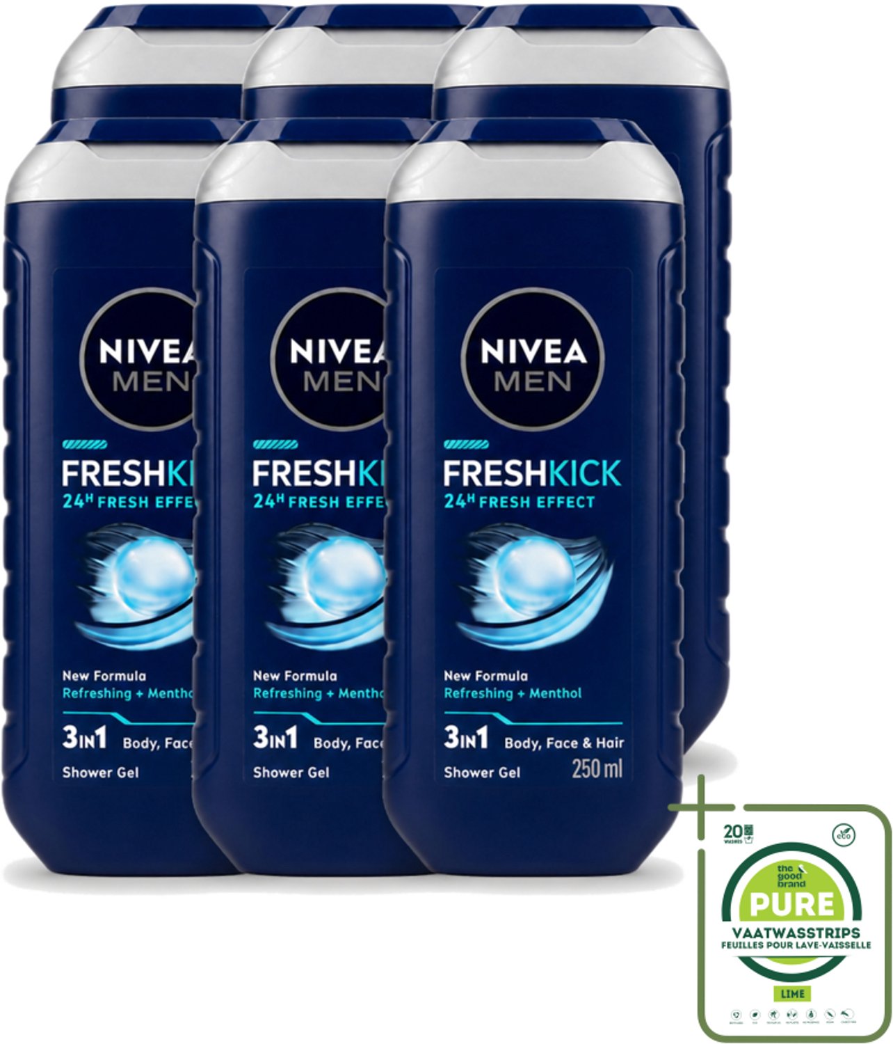 6 x Nivea Men – Douchegel – Fresh Kick – 250 ml - Grootverpakking - Vaatwasstrips - Douchegel - Verfrissend - Munt - Lichaam - Gezicht