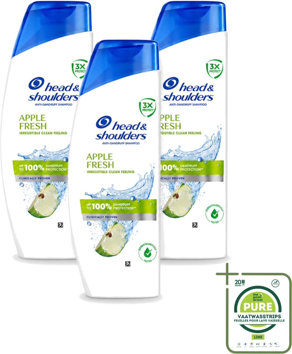 3 x Head & Shoulders - Shampoo - Apple Fresh - 250ml - Grootverpakking - Vaatwasstrips - Roosvrij Haar - Fris Haar - Appelgeur - Hoofdhuid Verzorging - Anti-roos Shampoo