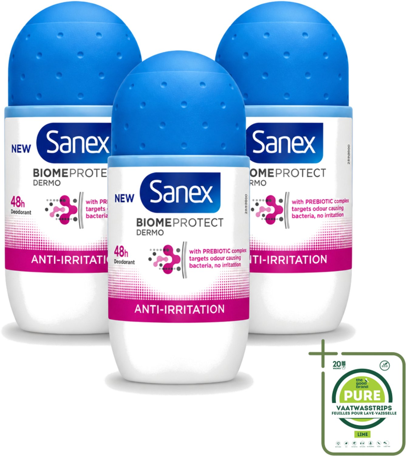 3 x Sanex – Deo Roll-on – BiomeProtect Dermo Anti-Irritation – 50 ml - Grootverpakking - Gevoelige Huid - Anti-irritatie - Deodorant Roller - Huidmicrobioom - PH Balans