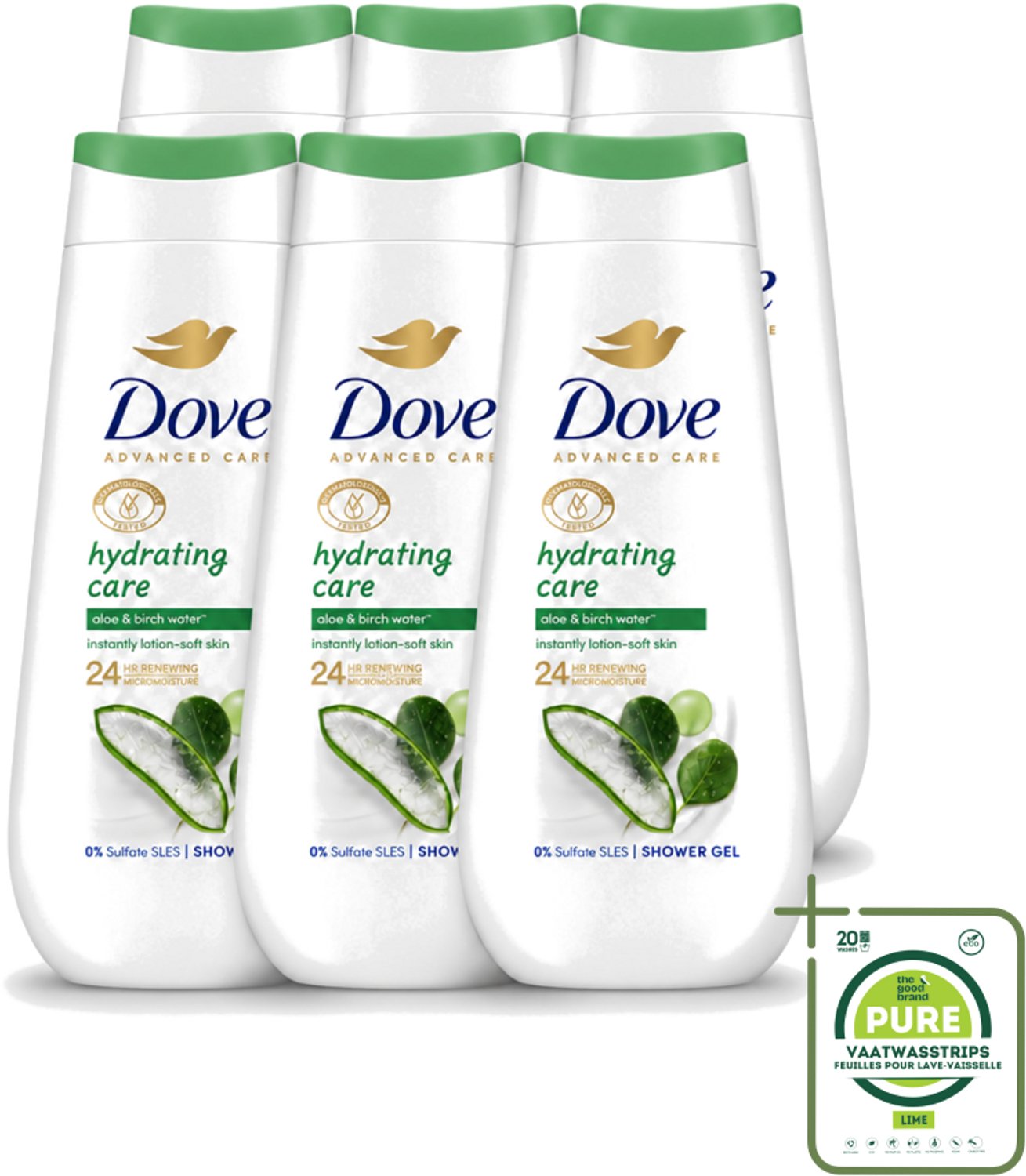6 x Dove – Douchecrème – Hydrating Care – 225 ml - Grootverpakking - Vaatwasstrips - Douchecrème - Hydratatie - Droge Huid - Mild Douchen - Aloë Vera