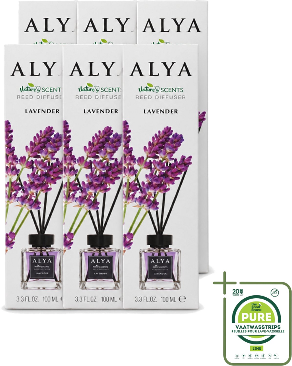 6 x Alya – Reed Diffuser – Lavender – Interieurparfum - Grootverpakking - Vaatwasstrips - Lavendel Geurstokjes - Rustgevende Geur - Ontspanning Thuis - Frisse Geur - Natuurlijke Geur