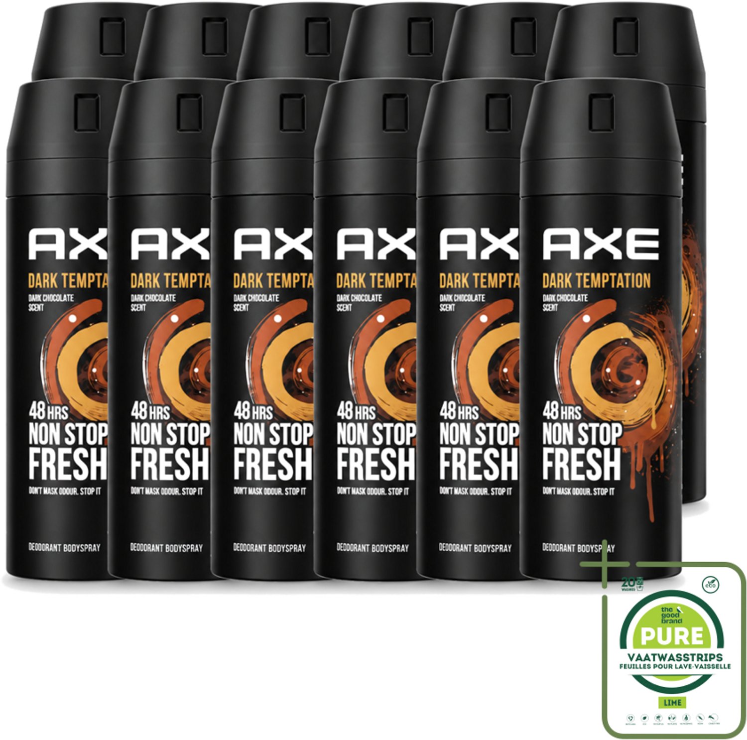 12 x Axe – Deodorant Spray – Dark Temptation – 150 ml - Grootverpakking - Vaatwasstrips - Deodorant Voor Mannen - Warme Geur - Chocolade Geur - Verleidelijke Geur - Transpiratiegeur