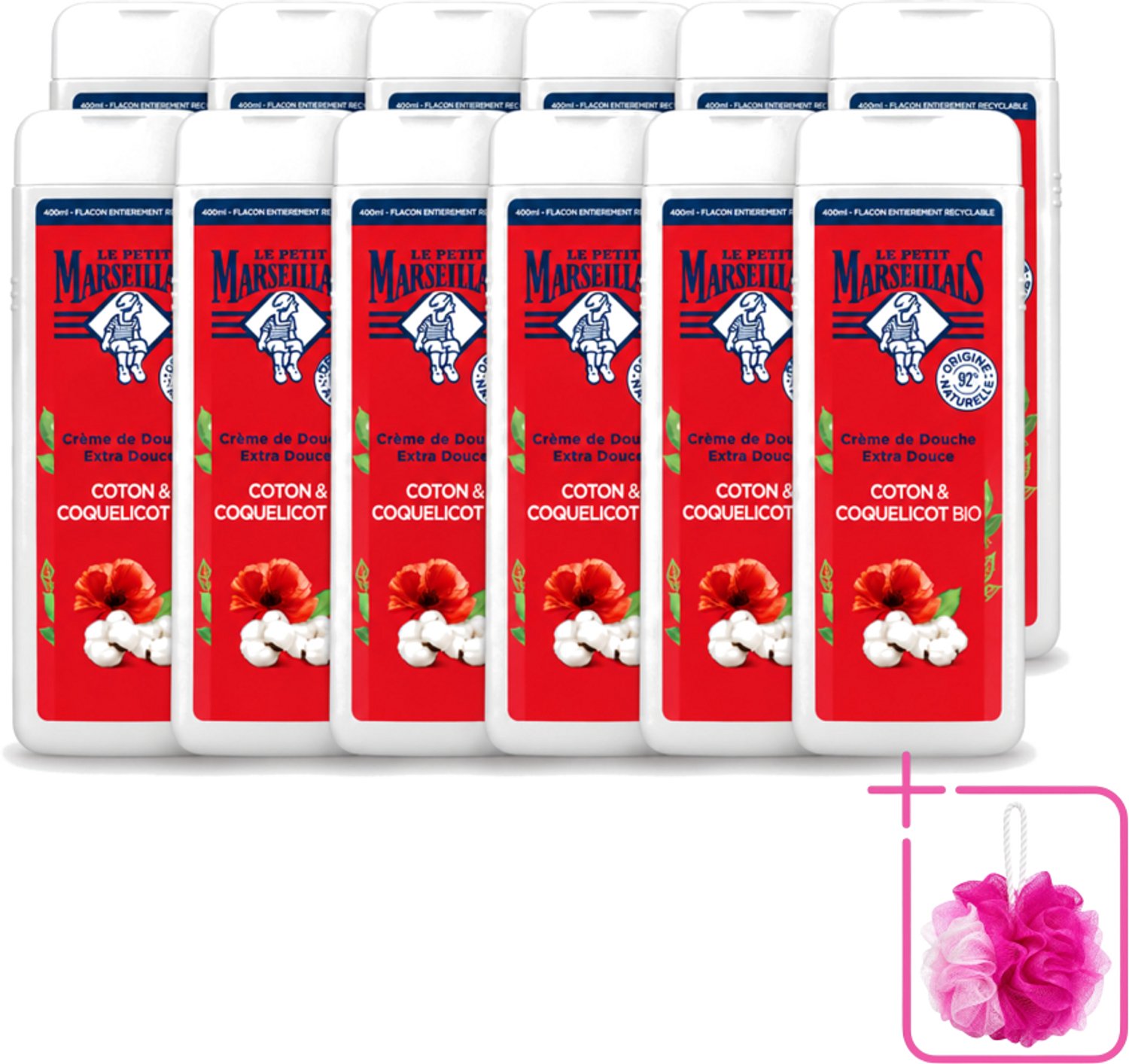 12 x Le Petit Marseillais – Douchegel – Bio Katoenmelk & Papaver – 400 ml - Bulkverpakking - Douchegel bio - Douchemop - Katoenmelk