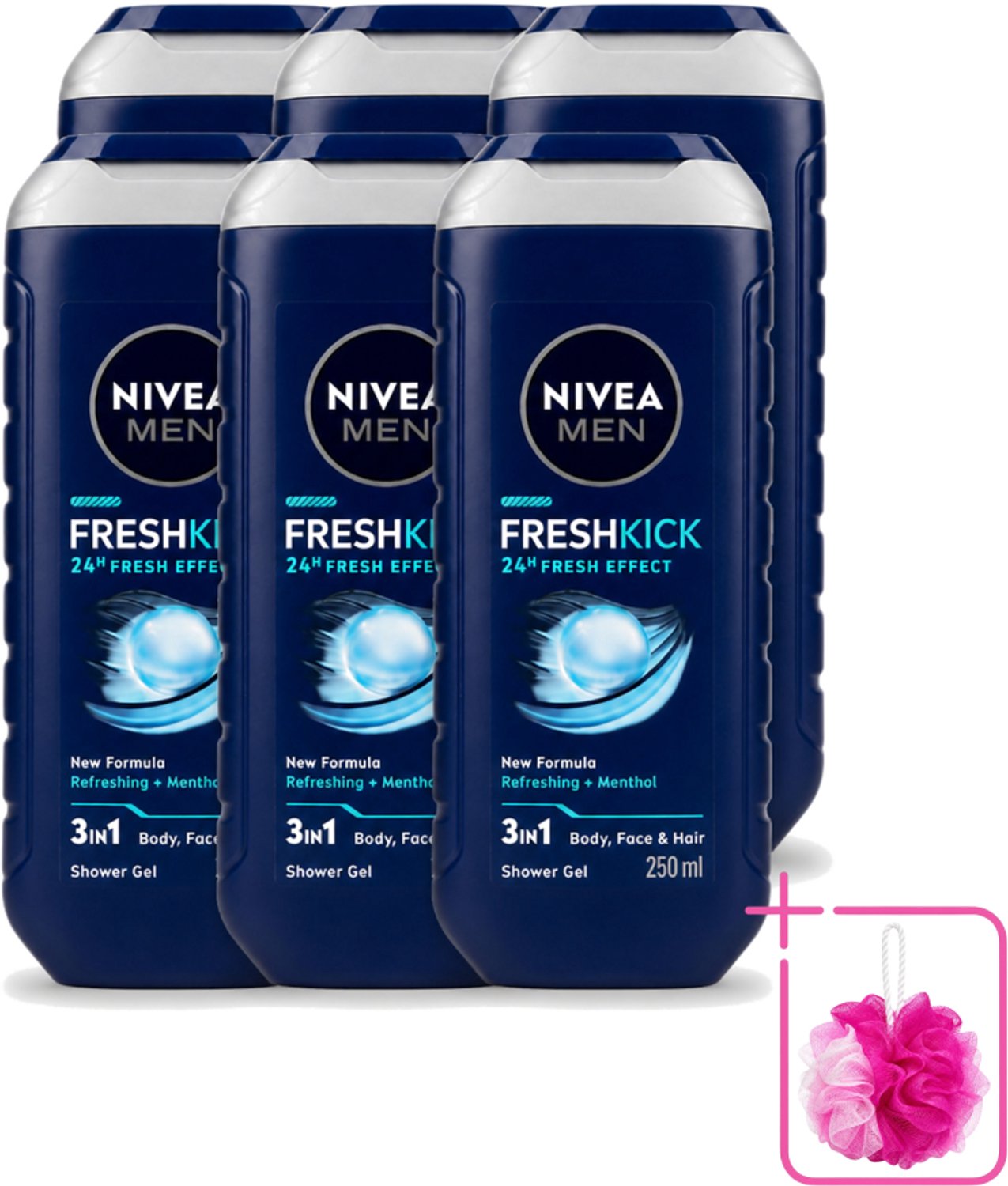 6 x Nivea Men – Douchegel – Fresh Kick – 250 ml - Bulkverpakking - Douchegel - Douchemop - Verfrissend