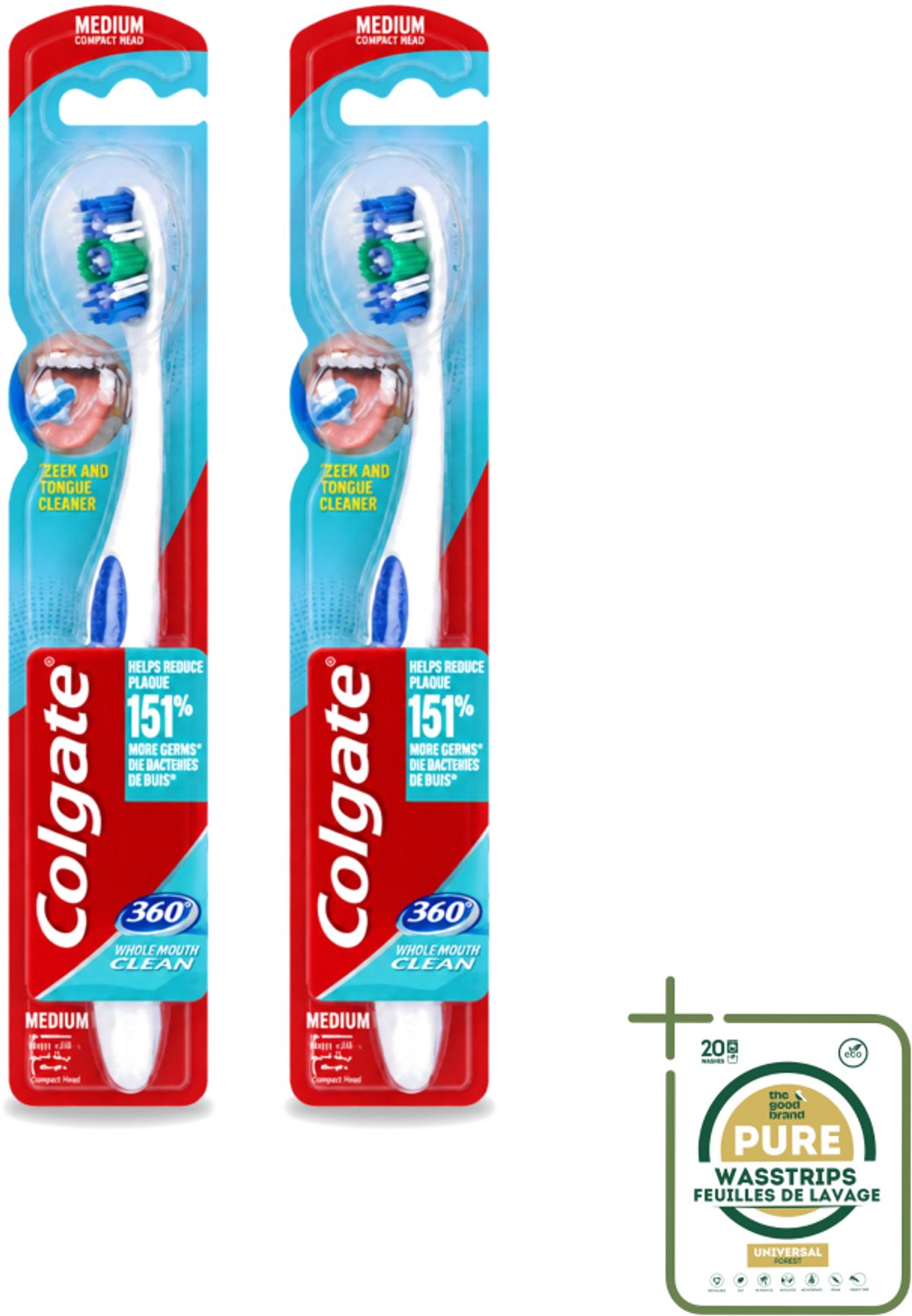 2 x Colgate - Tandenborstel - 360 Whole Mouth Clean Medium - Wit/Blauw - 1 Tandenborstel - Tandenborstel - Mondhygiëne - Tandenpoetsen - Bacteriën - Tandplak