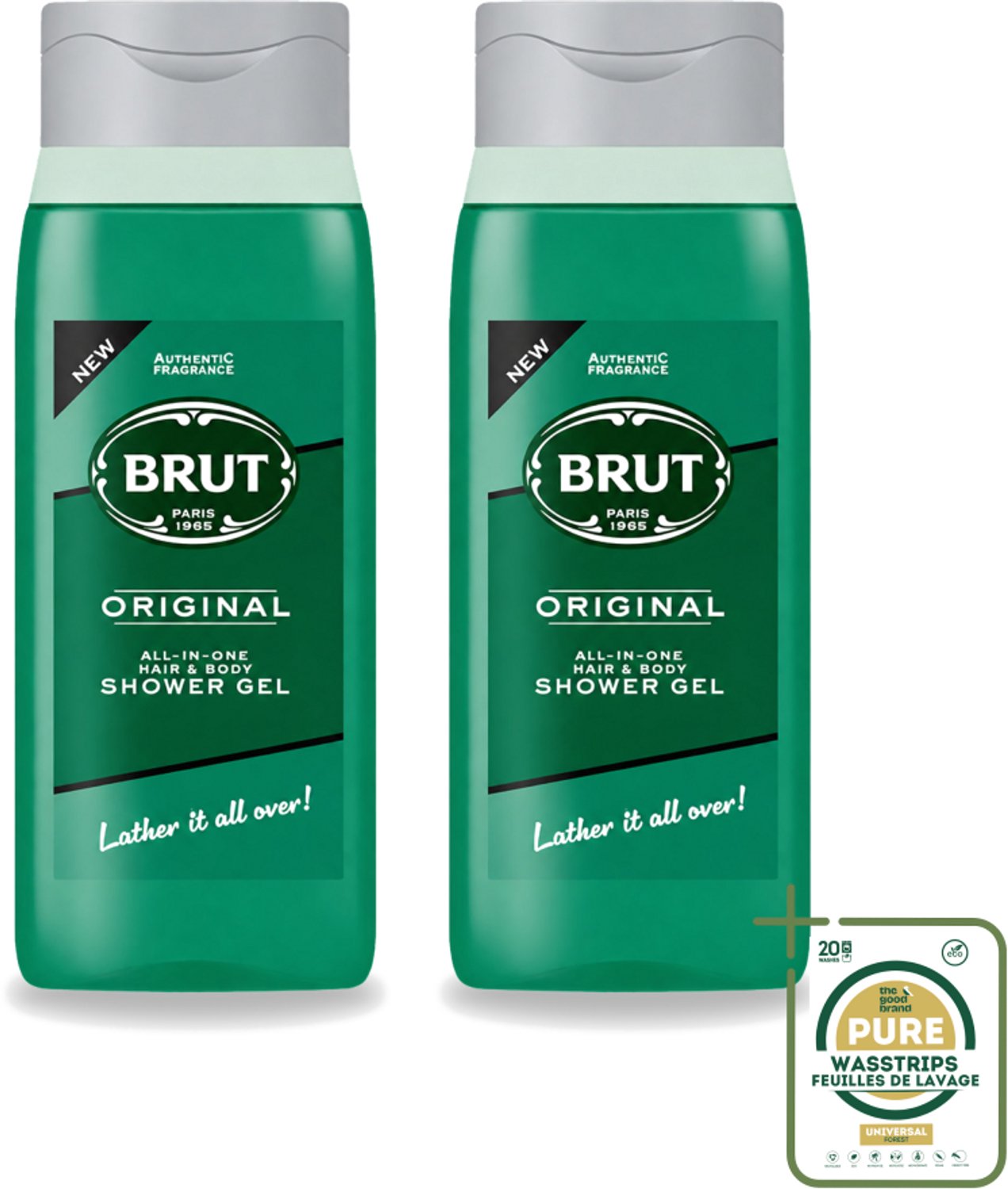 2 x Brut - Douchemiddel - All in One Haar en Body - Original - Verzorgend & Verfrissend - 500ml - Wasstrips - Douchegel Haar En Lichaam - All In One Douchegel - Brut Original - Verzorgende Douchegel - Frisse Douchegel