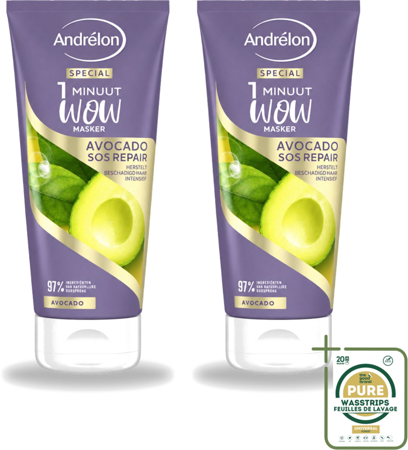 2 x Andrélon - 1 Minuut Wow Haarmasker - Avocado SOS Repair - 180 ml - Wasstrips - 1 Minuut Herstel - Beschadigd Haar Herstel - Avocado Haarmasker - Haarmasker 1 Minuut - Haarmasker Voor Beschadigd Haar