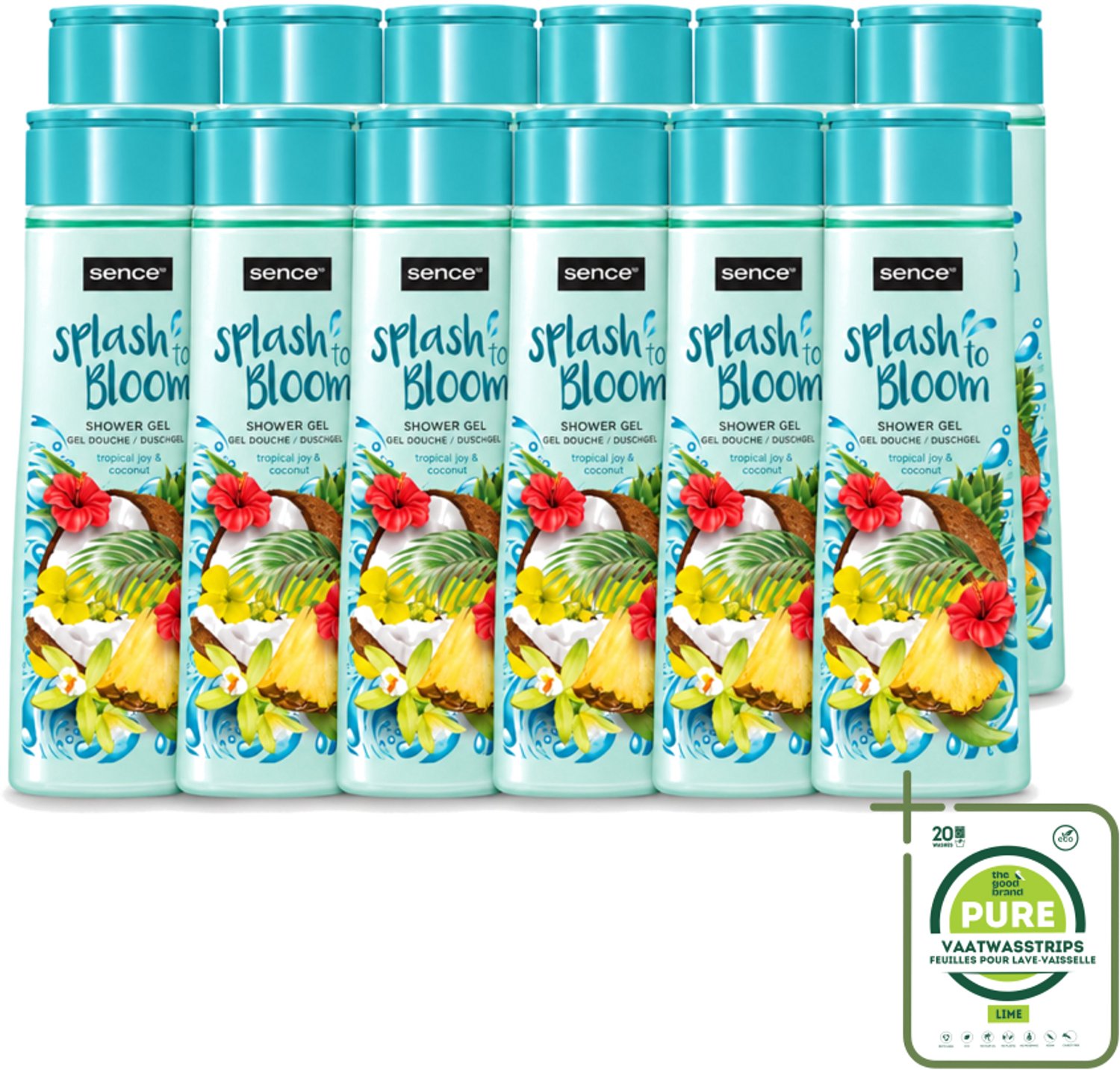12 x Sence - Tropical Joy & Coconut - Douchegel - Exotisch - 300 ml - Grootverpakking - Vaatwasstrips - Douchegel Kokos - Tropische Geur - Zachte Reiniging - Huid Verzorging - Exotische Geur
