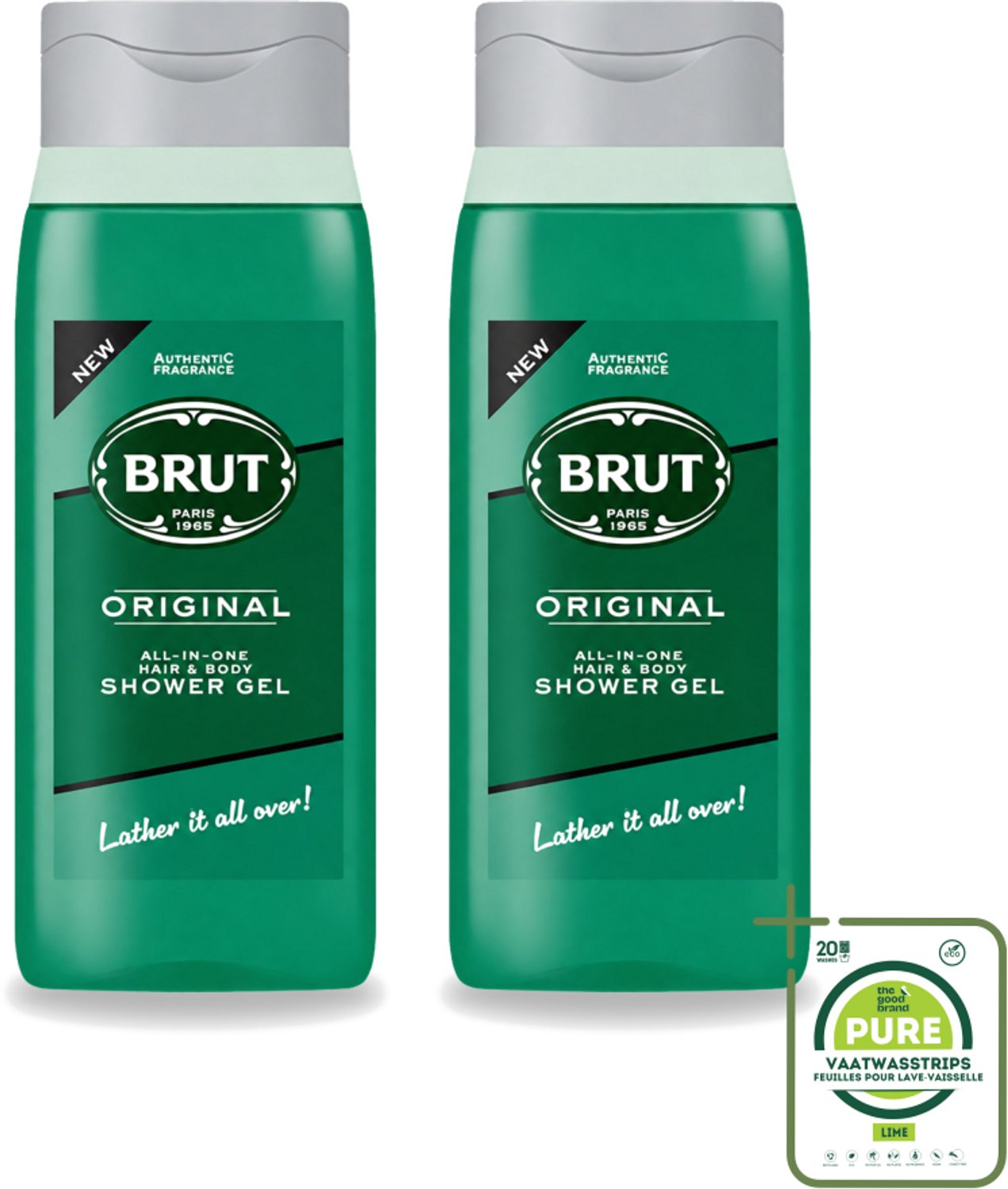 2 x Brut - Douchemiddel - All in One Haar en Body - Original - Verzorgend & Verfrissend - 500ml - Grootverpakking - Vaatwasstrips - Douchegel Haar En Lichaam - Verzorgende Douchegel - Brut Douchegel - All In One Douchegel - Douchegel Voor Mannen