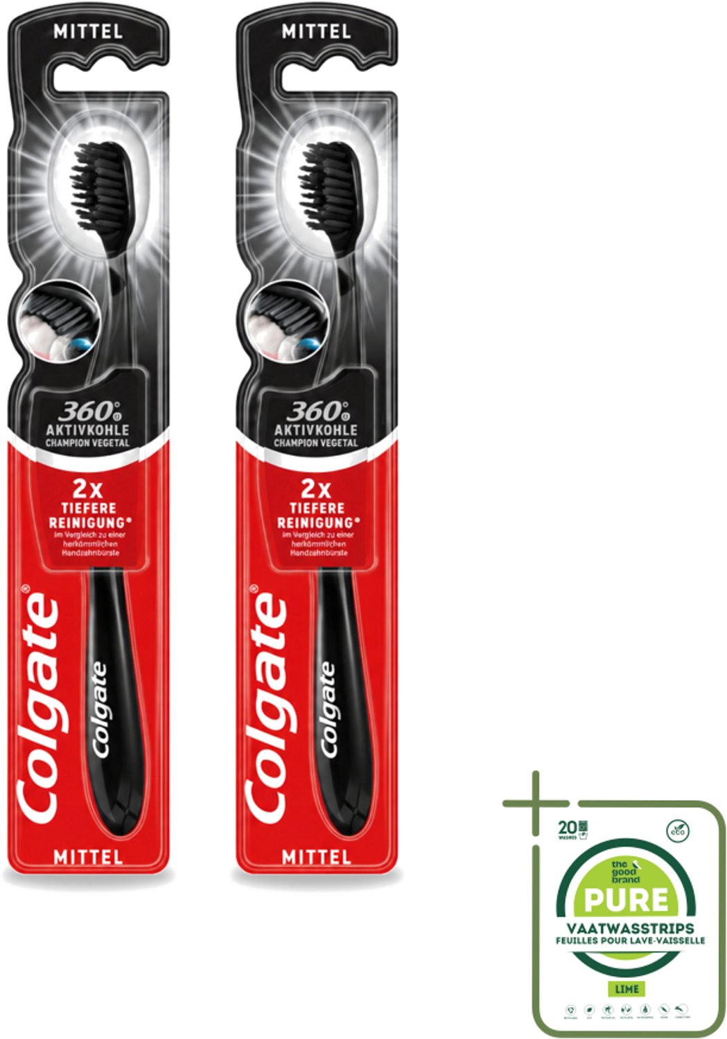 2 x Colgate - Tandenborstel - Charcoal Black 360 Medium - Zwart - 1 Tandenborstel - Grootverpakking - Tandenborstel Houtskool - Tandenborstel 360° - Mondverzorging - Tandenborstel Medium - Tandenborstel Zwart