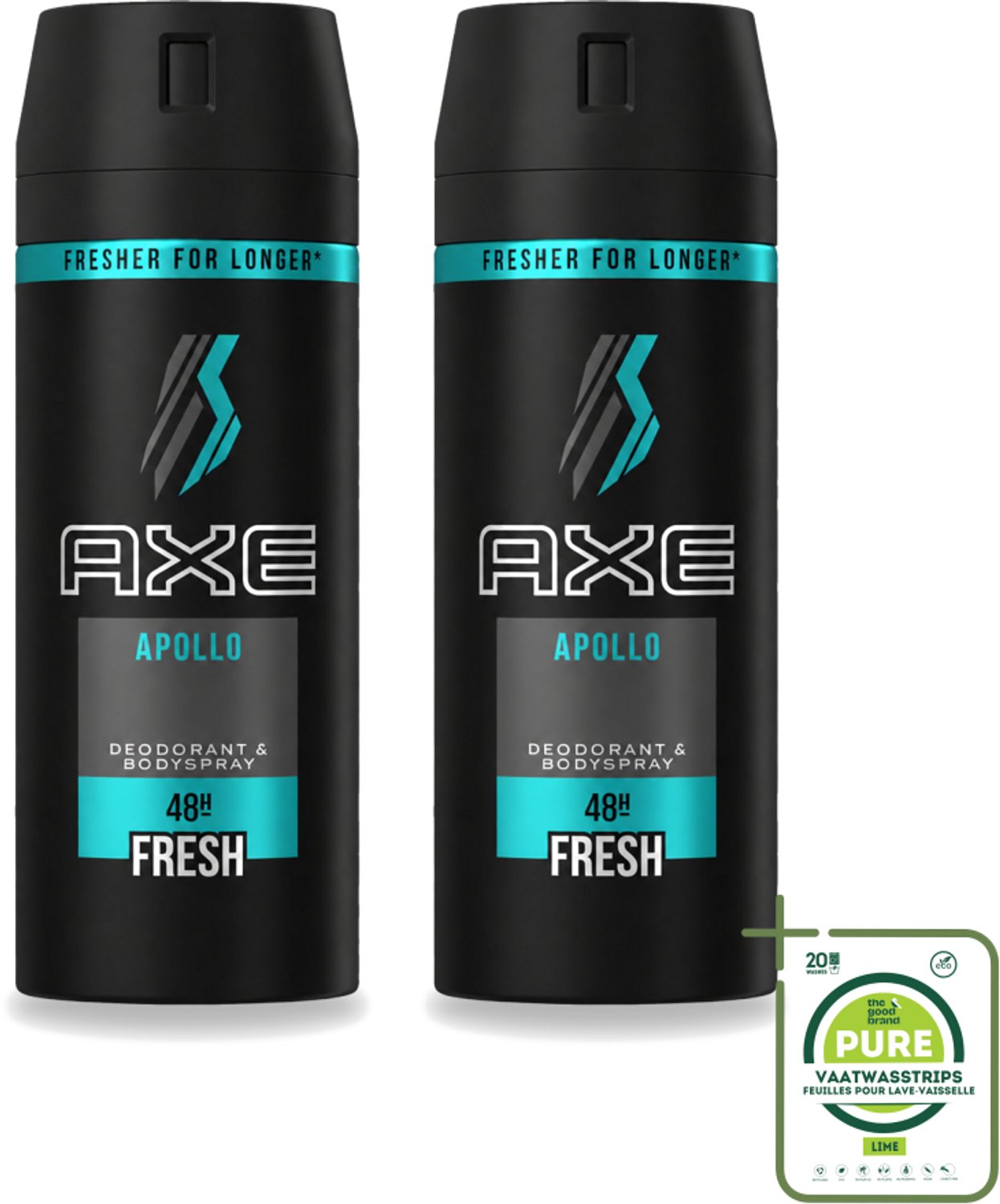 2 x Axe - Deodorant Bodyspray - 48hrs Non Stop Fresh - Apollo - 150 ml - Grootverpakking - Vaatwasstrips - Deodorant Sprayer - Frisse Geur - Lichaamsgeur Bescherming - Zelfvertrouwen - Energie