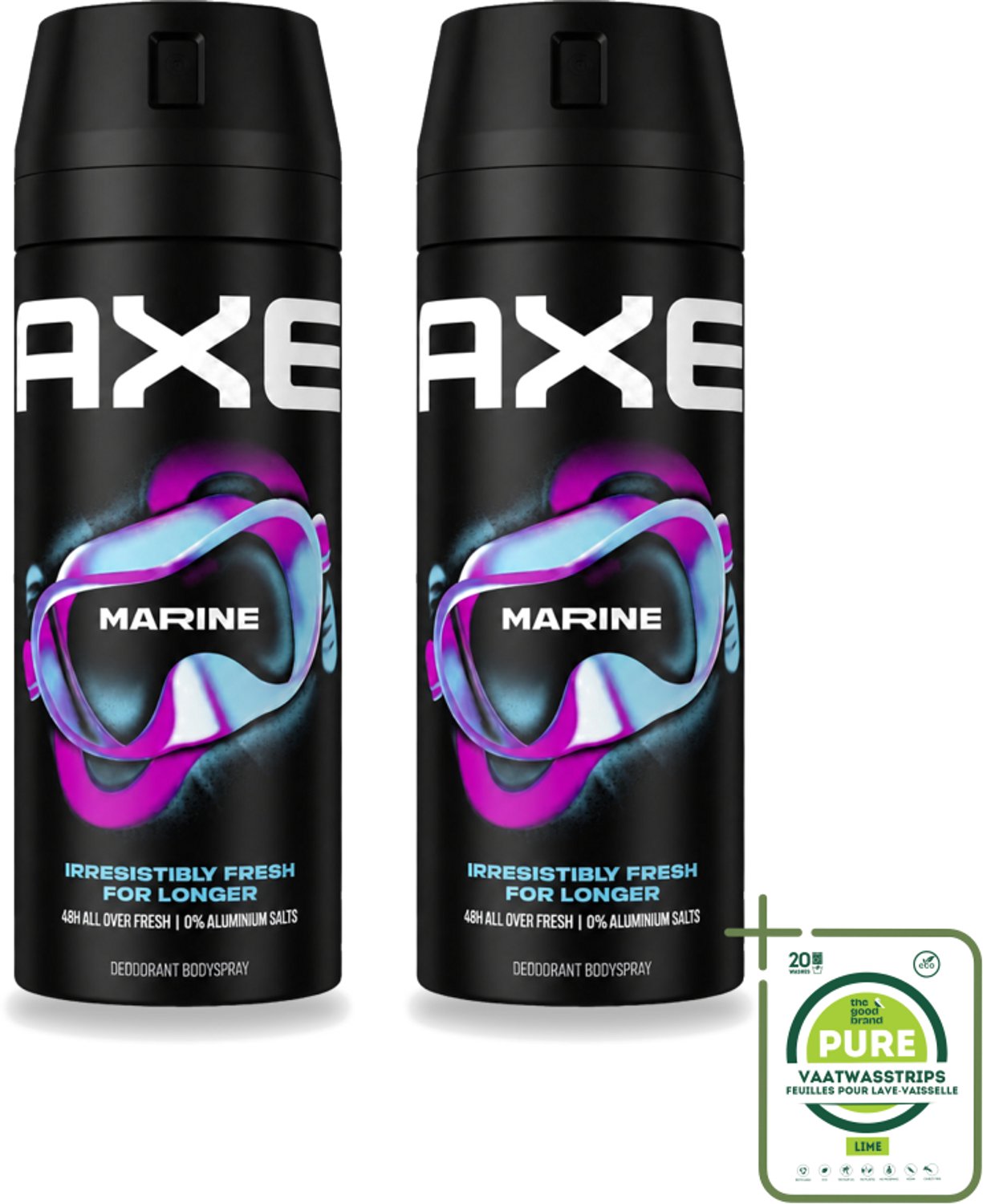 2 x Axe - Deodorant Bodyspray - 100% Fresh Fragrance - Marine - Sea Breeze & Sage - 150 ml - Grootverpakking - Vaatwasstrips - Zeebries - Salie - Deodorant - Bodyspray - Geur