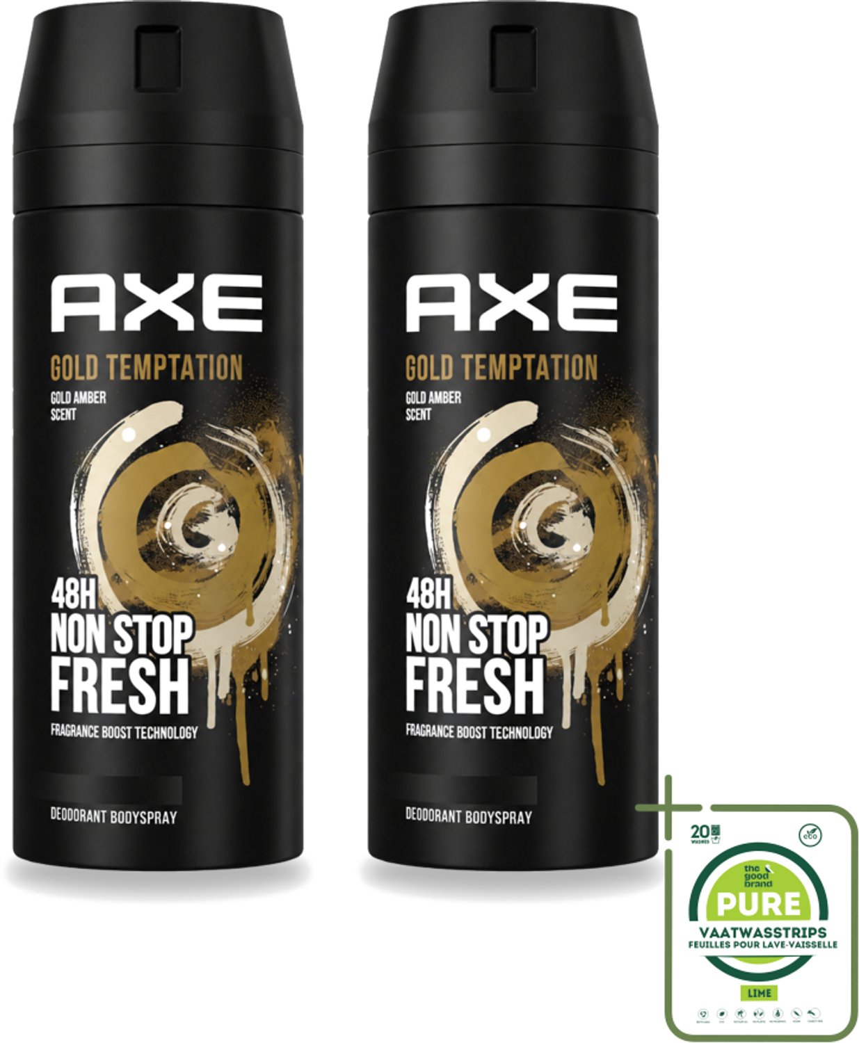 2 x Axe - Deodorant Bodyspray - 48hrs Non Stop Fresh - Gold Temptation - Gold Amber - 150 ml - Grootverpakking - Vaatwasstrips - Deodorant - Bodyspray - Frisheid - Geur - Geurbescherming