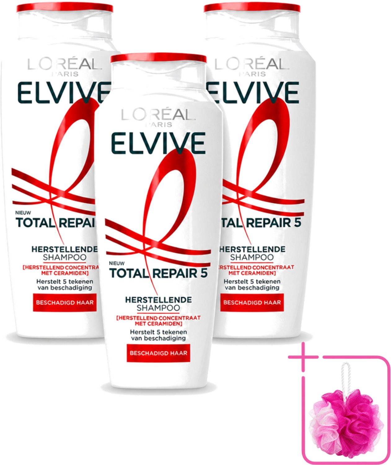 3 x L’Oréal Paris Elvive – Shampoo – Total Repair 5 – Herstellend – 250 ml - Bulkverpakking - Beschadigd haar - Douchemop - Droog haar