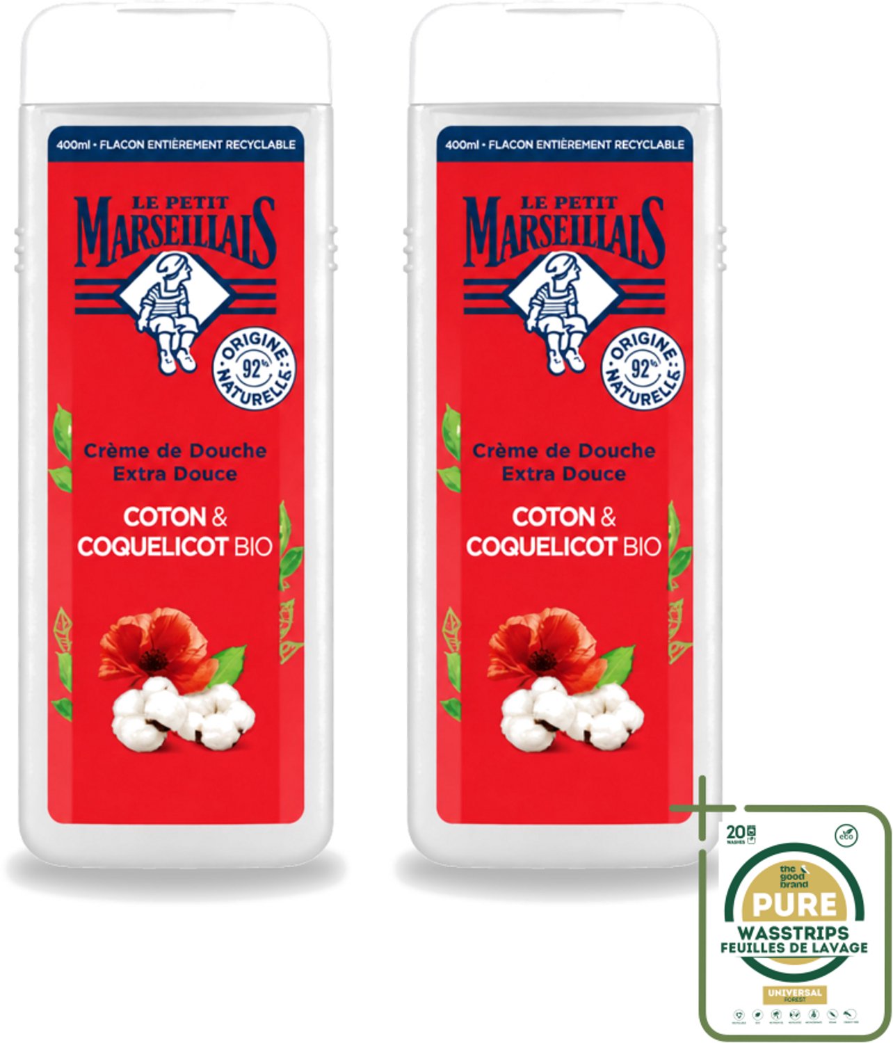2 x Le Petit Marseillais – Douchegel – Bio Katoenmelk & Papaver – 400 ml - Wasstrips - Douchegel Bio - Katoenmelk - Papaver - Huid Verzorging - Milde Reiniging