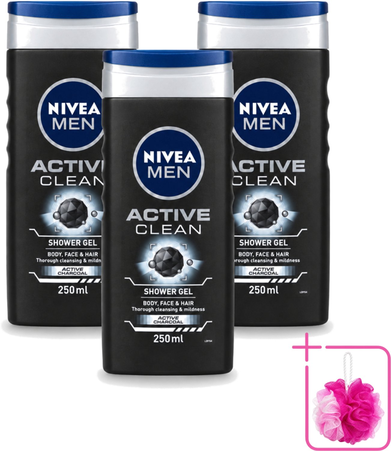3 x Nivea Men – Douchegel – Active Clean – 250 ml - Bulkverpakking - Douchegel mannen - Douchemop - Reiniging huid