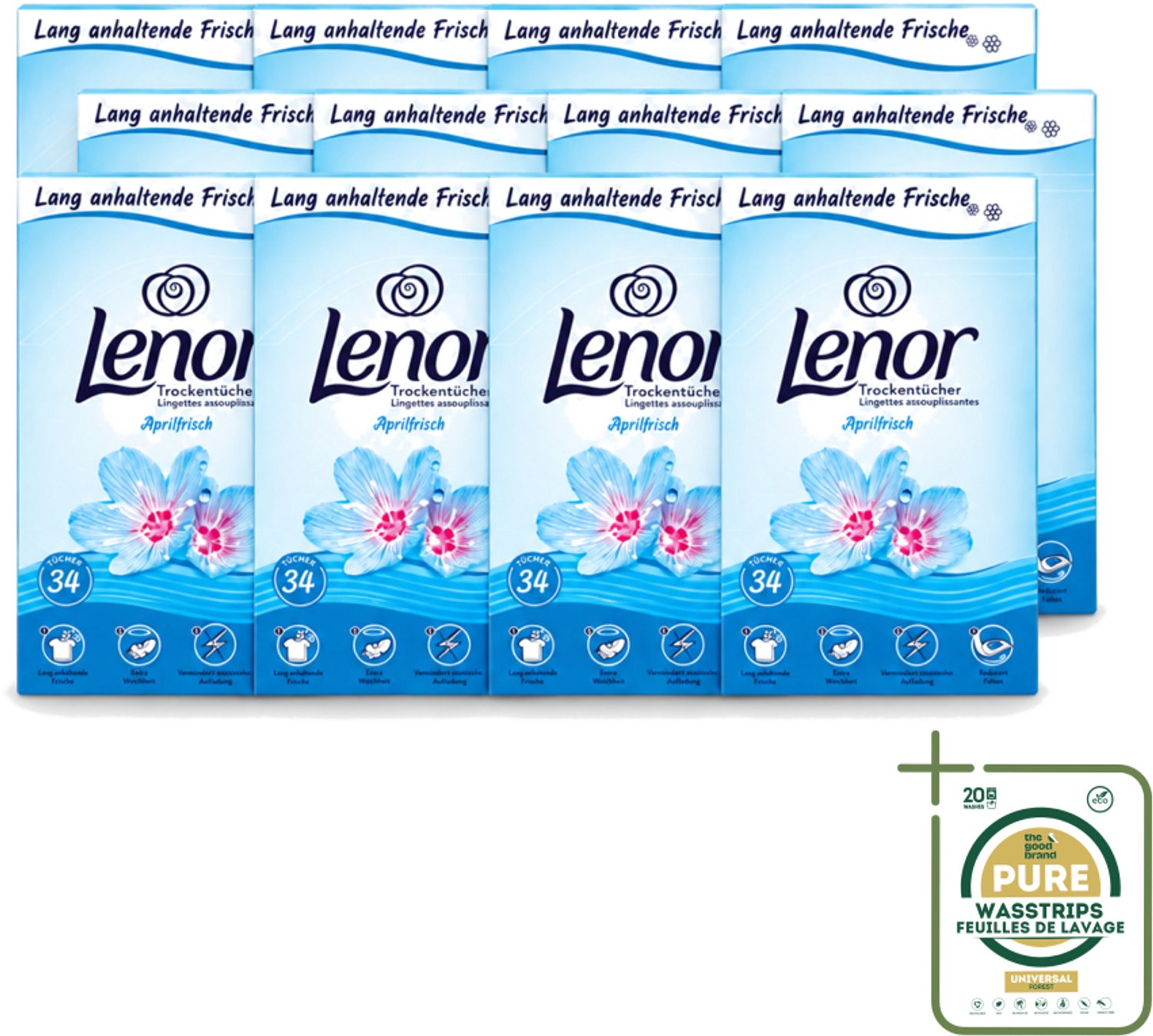 12 x Lenor - Droogtrommeldoekjes - Aprilfris - Textielverfrisser - 34 Doekjes - Wasstrips - Droogtrommeldoekjes - Wasdoekjes - Textielverfrisser - Frisheid - Statische Elektriciteit