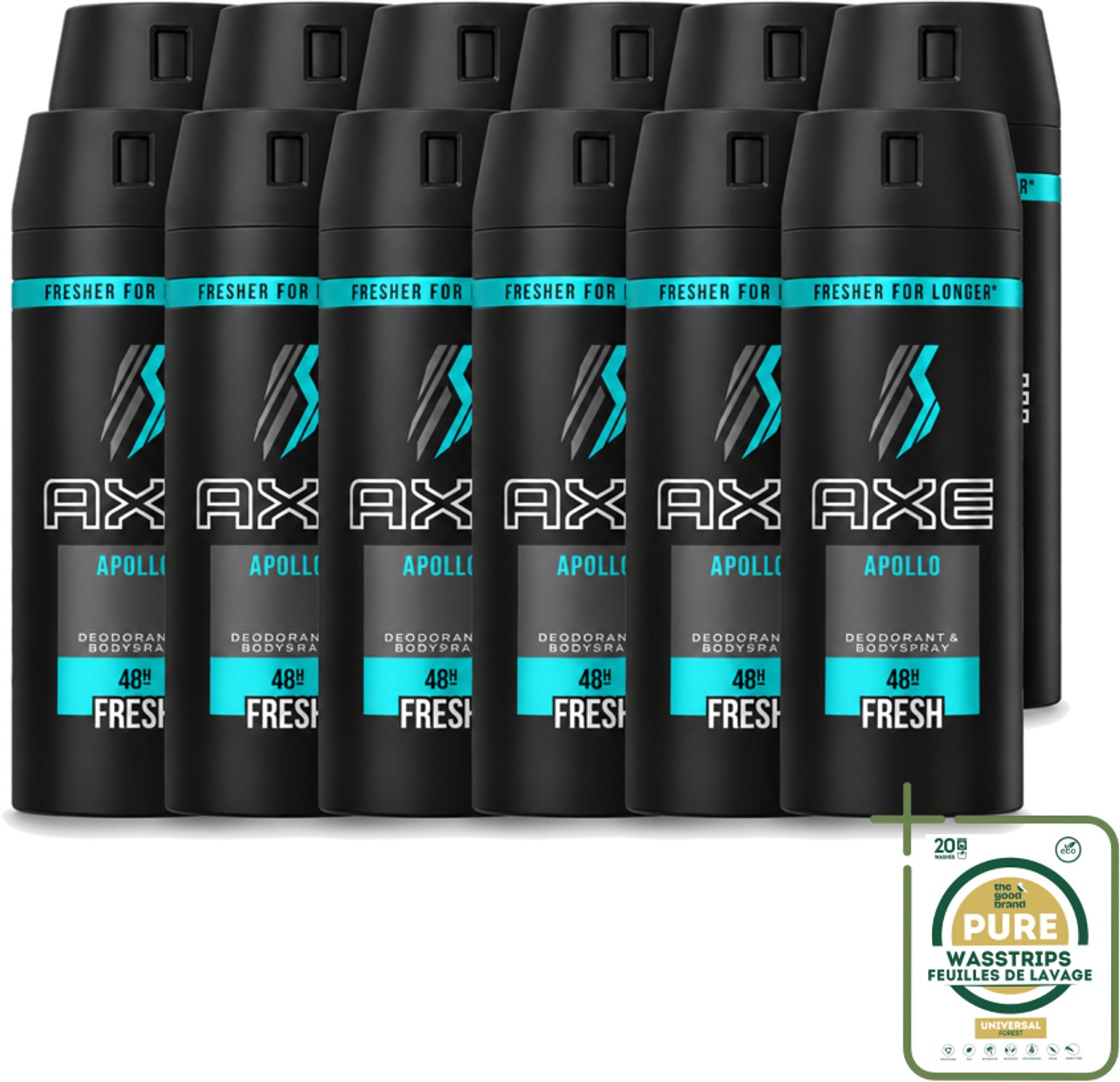 12 x Axe - Deodorant Bodyspray - 48hrs Non Stop Fresh - Apollo - 150 ml - Wasstrips - Axe Apollo Deodorant Bodyspray - 48h Non Stop Fresh - Deodorant Bodyspray - Lichaamsgeur - Fris