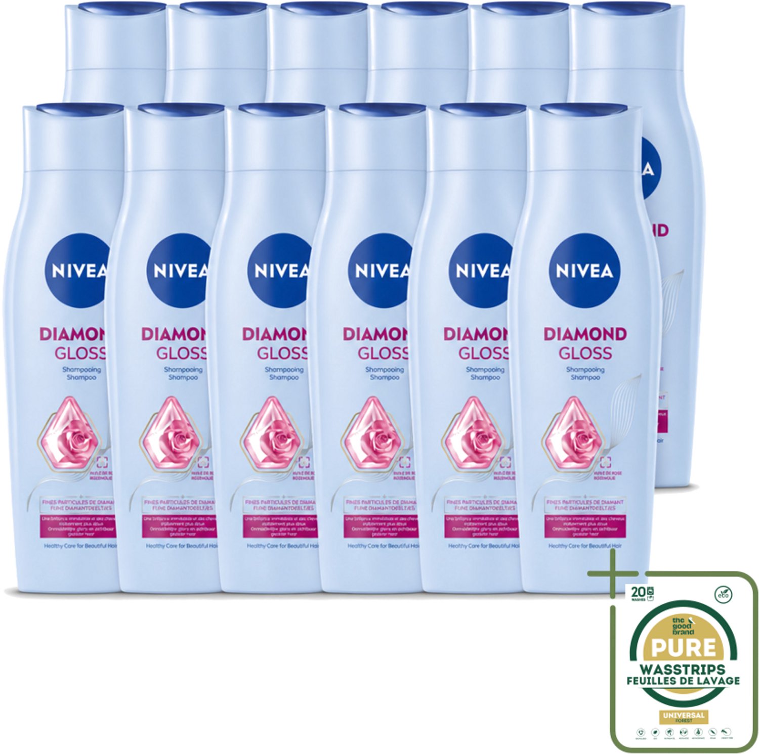 12 x Nivea - Shampoo - Diamond Gloss - 250 ml - Wasstrips - Diamanten Glans - Verzorging Haar - Schitterende Glans - Gezond Haar - Soepel Haar