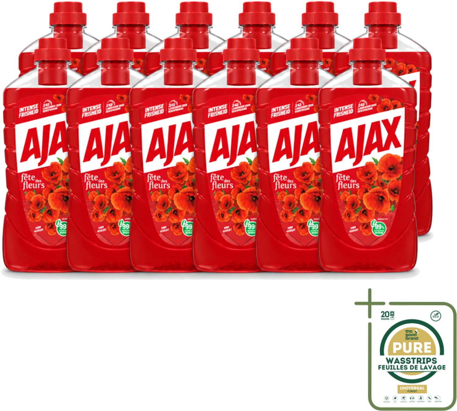 12 x Ajax - Allesreiniger - Fête des Fleurs - Intense Frisheid - Langdurige Geurverspreiding - 1 L - Wasstrips - Allesreiniger - Reinigingsmiddel - Frisheid - Geur - Natuurlijke Reiniging