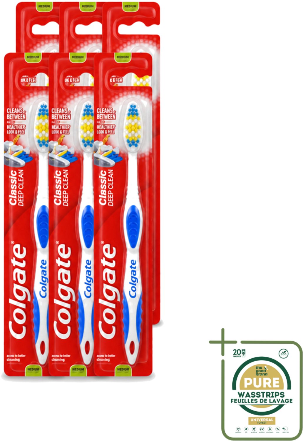 6 x Colgate - Tandenborstel - Classic Deep Clean Medium - 1 Tandenborstel - Wasstrips - Tandenborstel - Mondgezondheid - Tandenborstel Reiniging - Tandplak Verwijderen - Etensresten Verwijderen