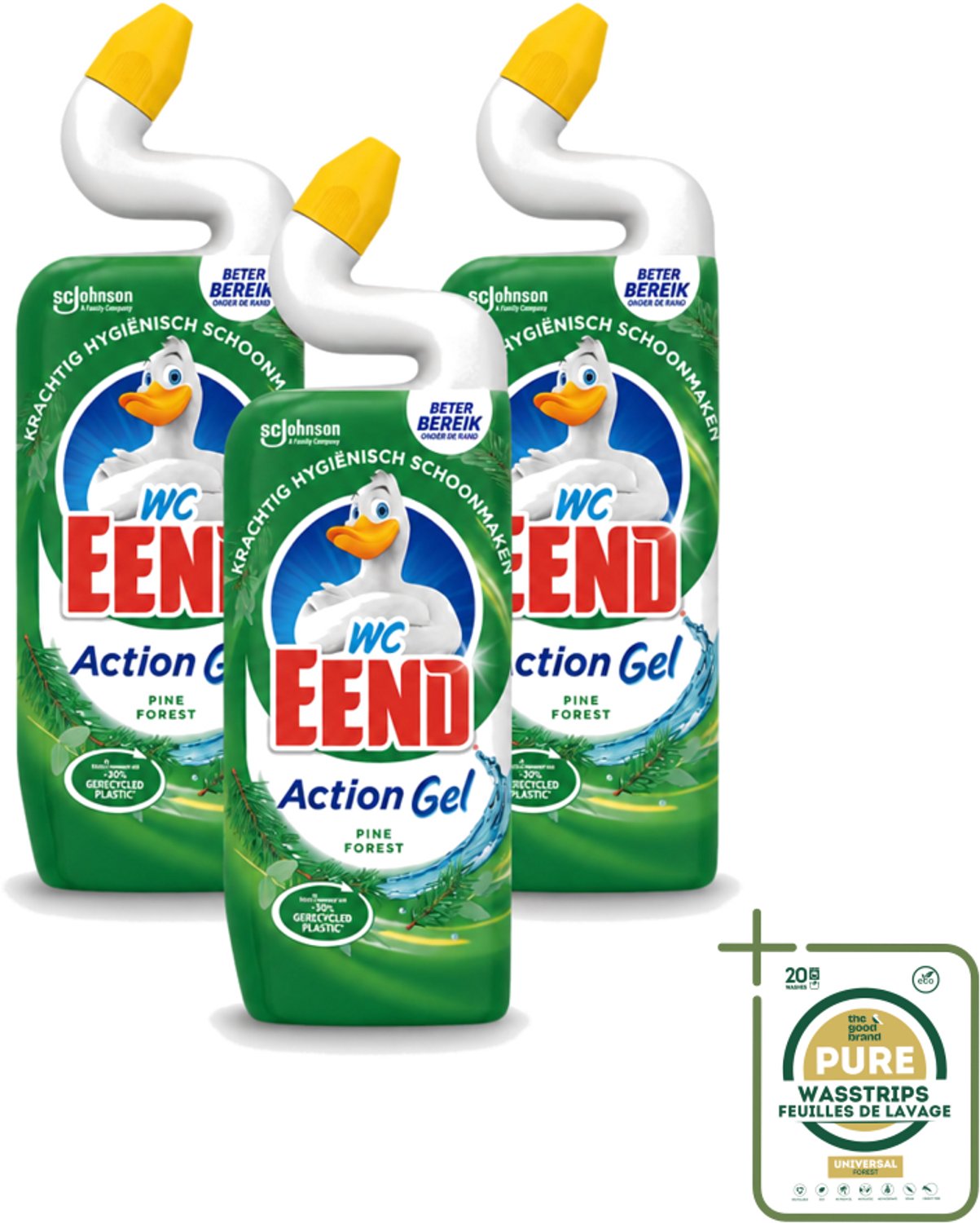 3 x WC Eend - Toiletreiniger - Action Gel - Pine Forest - Krachtige Reiniging & Frisse Dennengeur - 750 ml - Wasstrips - Toiletreiniger - Reinigingsgel - Kalkverwijdering - Urinesteen - Fris Ruiken