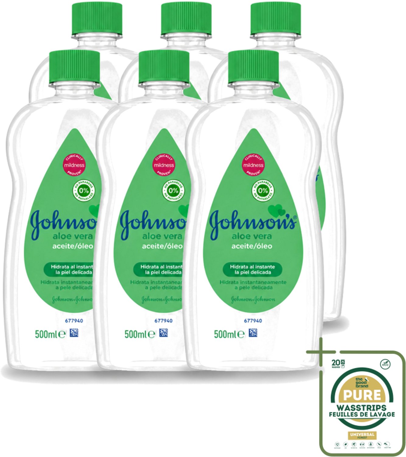 6 x Johnson's - Baby Olie - Aloe Vera - Hydrateerd Gevoelige Huid - 500 ml - Wasstrips - Babyolie - Aloe Vera - Gevoelige Huid - Melkkorst Verwijderen - Hydraterende Olie