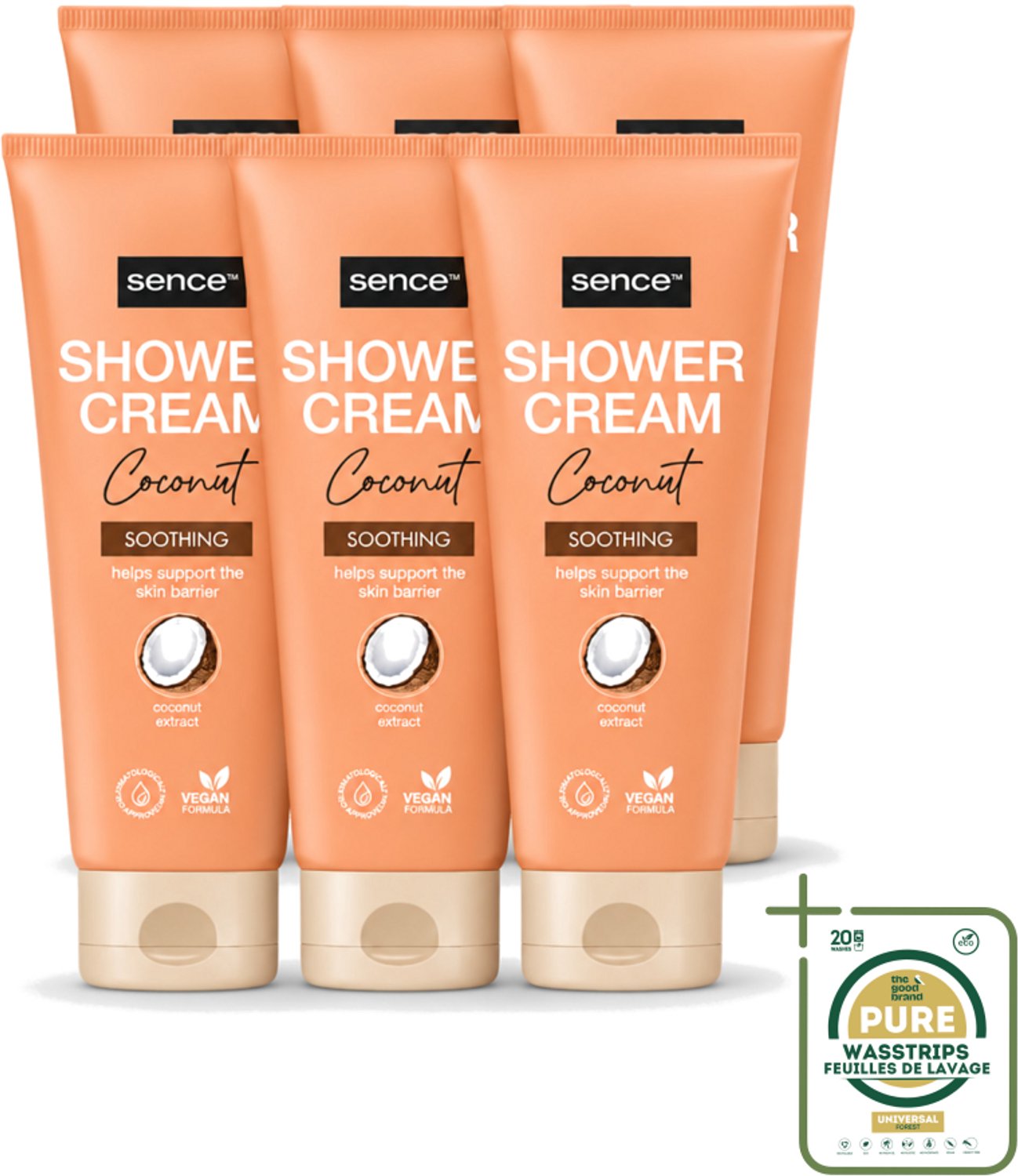 6 x Sence - Coconut - Douchecrème - Verzorgend - 200 ml - Wasstrips - Douchecrème Kokos - Kokosgeur - Verzorgende Douche - Huidverzorging - Hydraterende Douchecrème