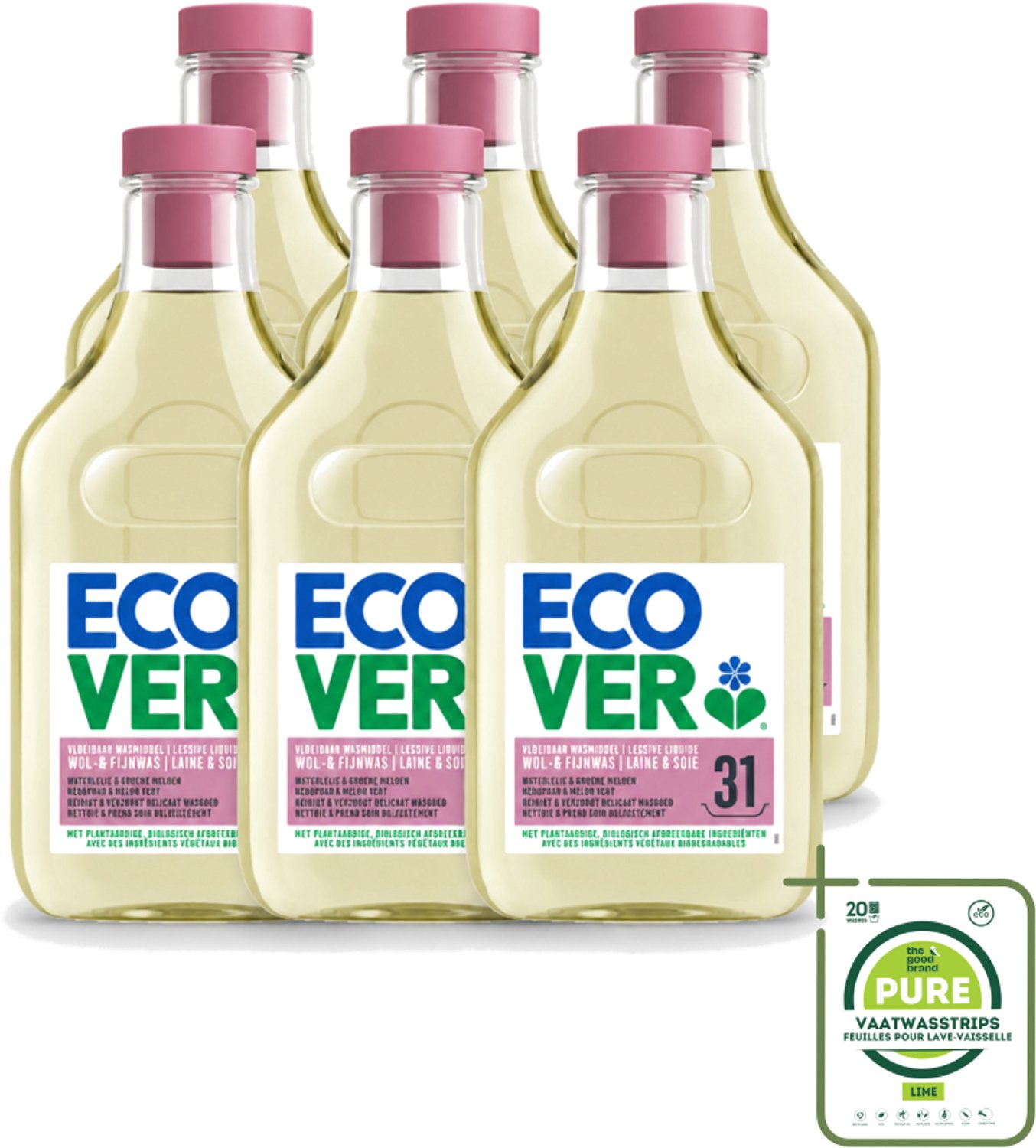 6 x Ecover - Vloeibaar Wasmiddel - Wol & Fijn Was - Waterlelie & Groene Meloen - 31 Wasbeurten - 1.43 L - Grootverpakking - Vaatwasstrips - Wasmiddel Wol En Fijn - Fijne Was - Delicate Stoffen - Milieuvriendelijk Wasmiddel - Plantbased Wasmiddel