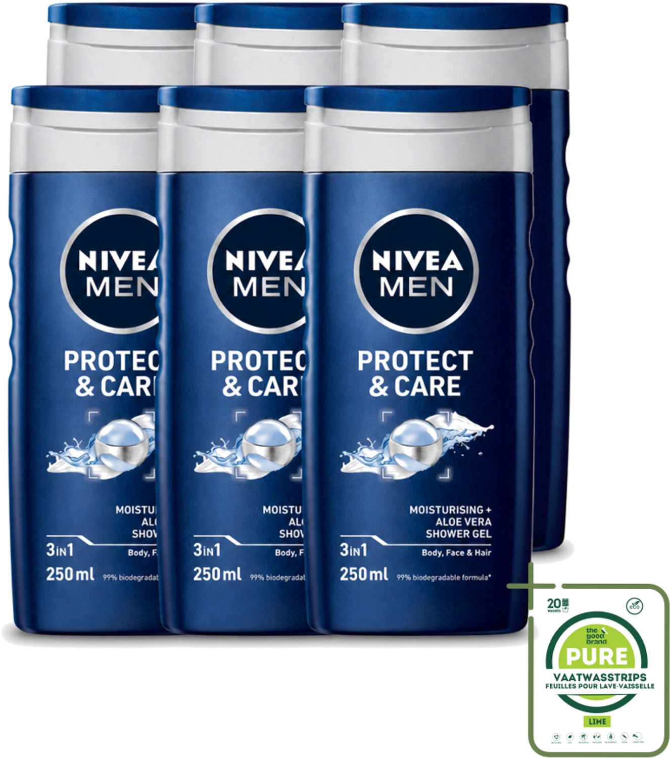 6 x Nivea - Men - Douchegel - Protect & Care - Met Aloe Vera 250 ml - Grootverpakking - Vaatwasstrips - Douchegel Voor Mannen - Aloë Vera Douchegel - Lichaam En Haar Verzorgen - Hydraatende Douchegel - Schuim Douchegel