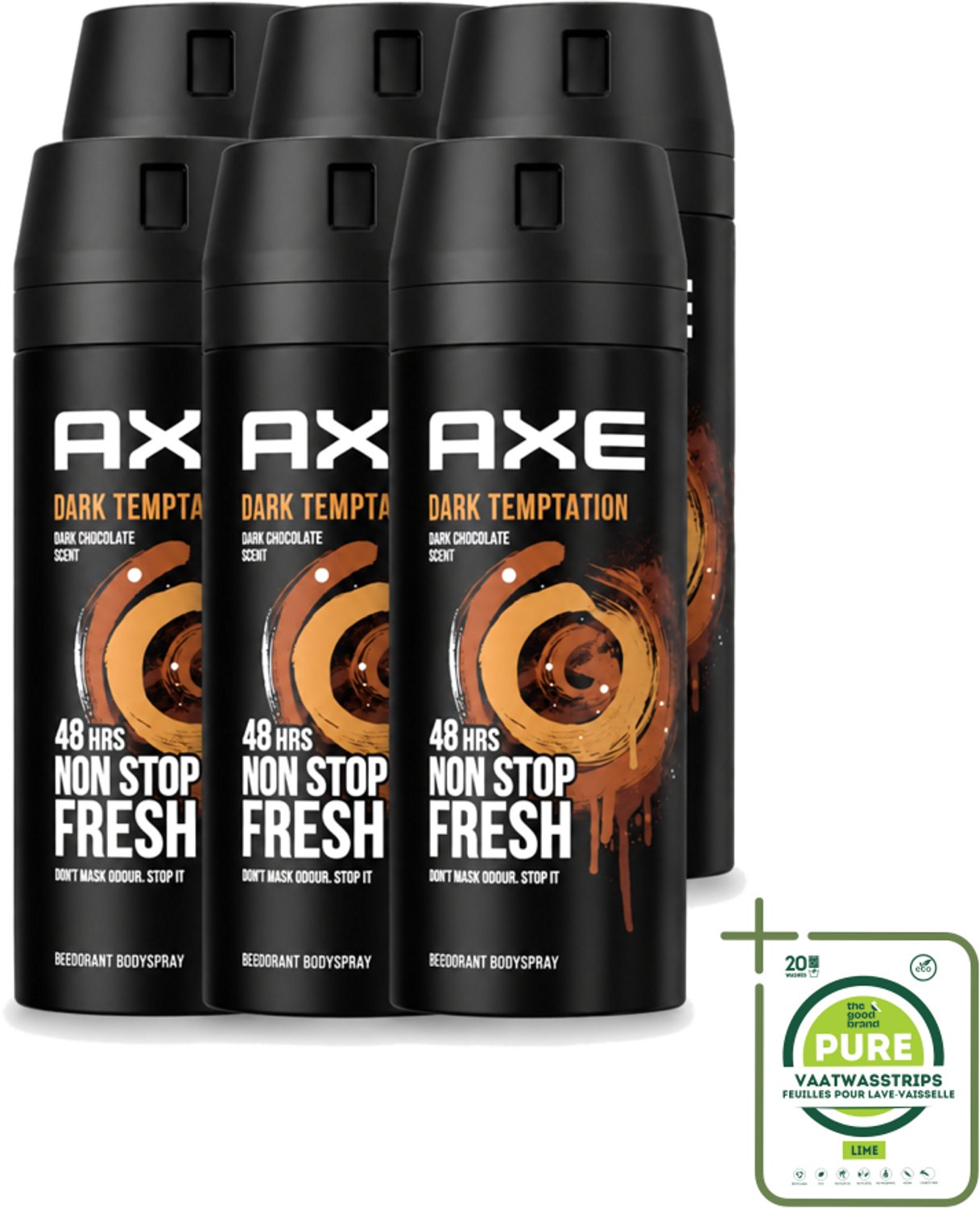 6 x Axe - Deodorant Bodyspray - 48hrs Non Stop Fresh - Dark Temptation - Dark Chocolate - 150 ml - Grootverpakking - Vaatwasstrips - Axe Dark Temptation - Deodorant - Chocolade - Geur - Verleiding