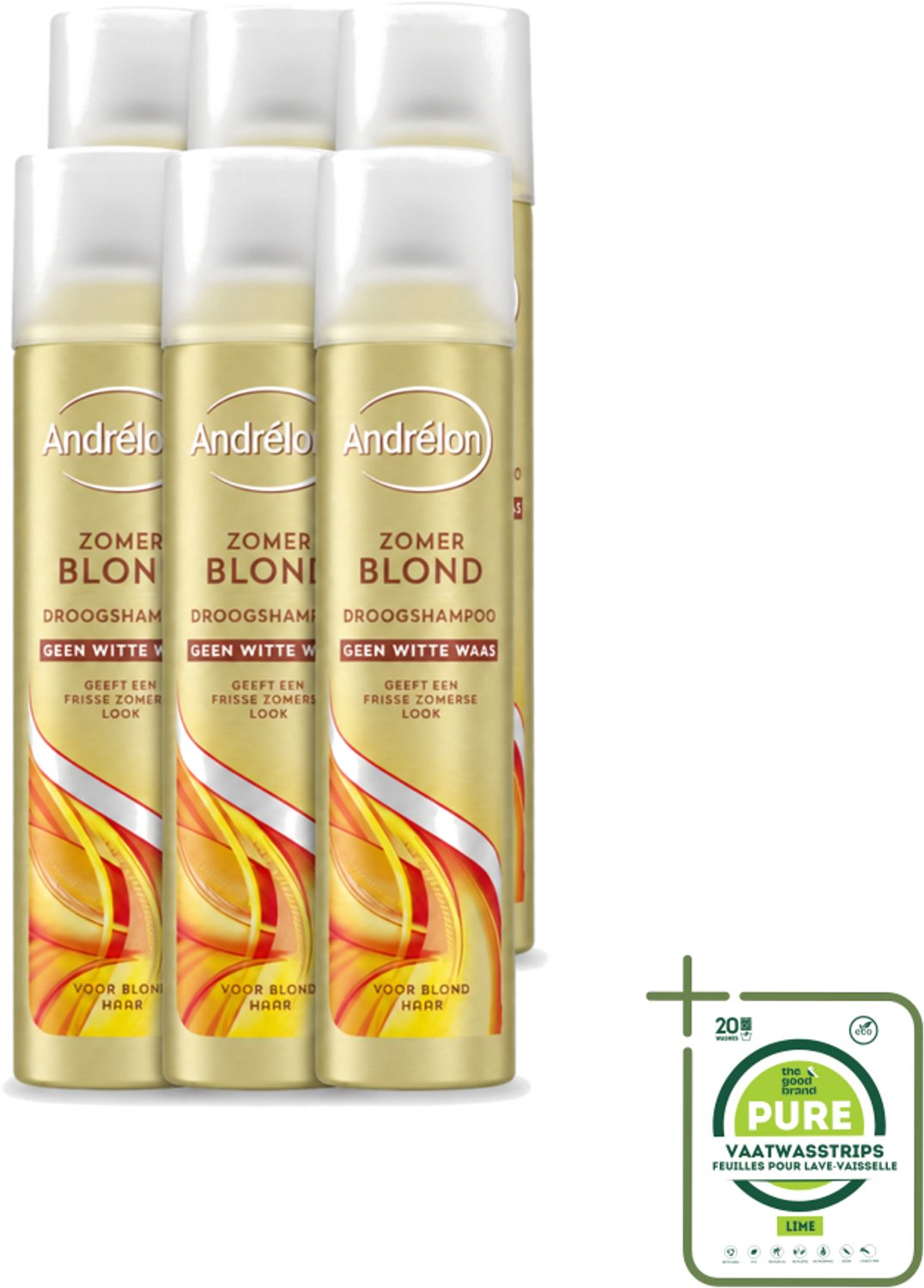 6 x Andrélon - Zomerblond - Droogshampoo - Voor Blond Haar - 245 ml - Grootverpakking - Vaatwasstrips - Zomerblond - Droogshampoo - Blond Haar - Vet Absorberen - Fris Haar