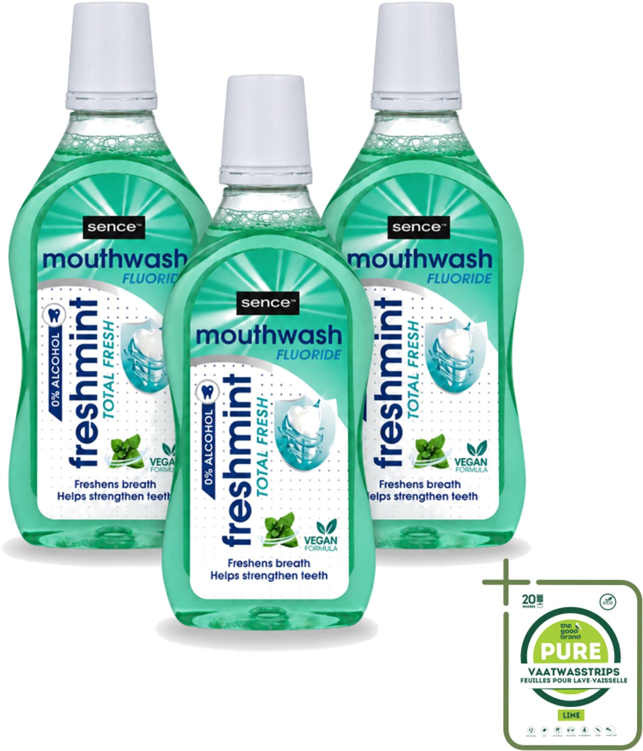 3 x Sence - Fresh Freshmint - Mondwater - Fris & Muntig - 500 ml - Grootverpakking - Vaatwasstrips - Mondwater - Mondverzorging - Frisse Adem - Tandplak - Mondgezondheid